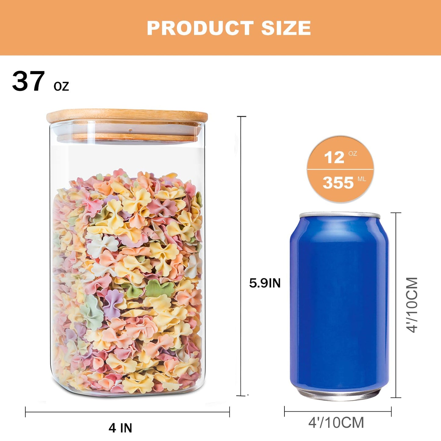 YUNCANG Glass Storage Jars 6 Pack 37oz Clear Glass Food Storage Containers with Airtight Bamboo Lid Stackable Kitchen Canisters for Candy,Cookie,Rice,Sugar,Flour,Pasta,Nuts and Spice Jars(Square)