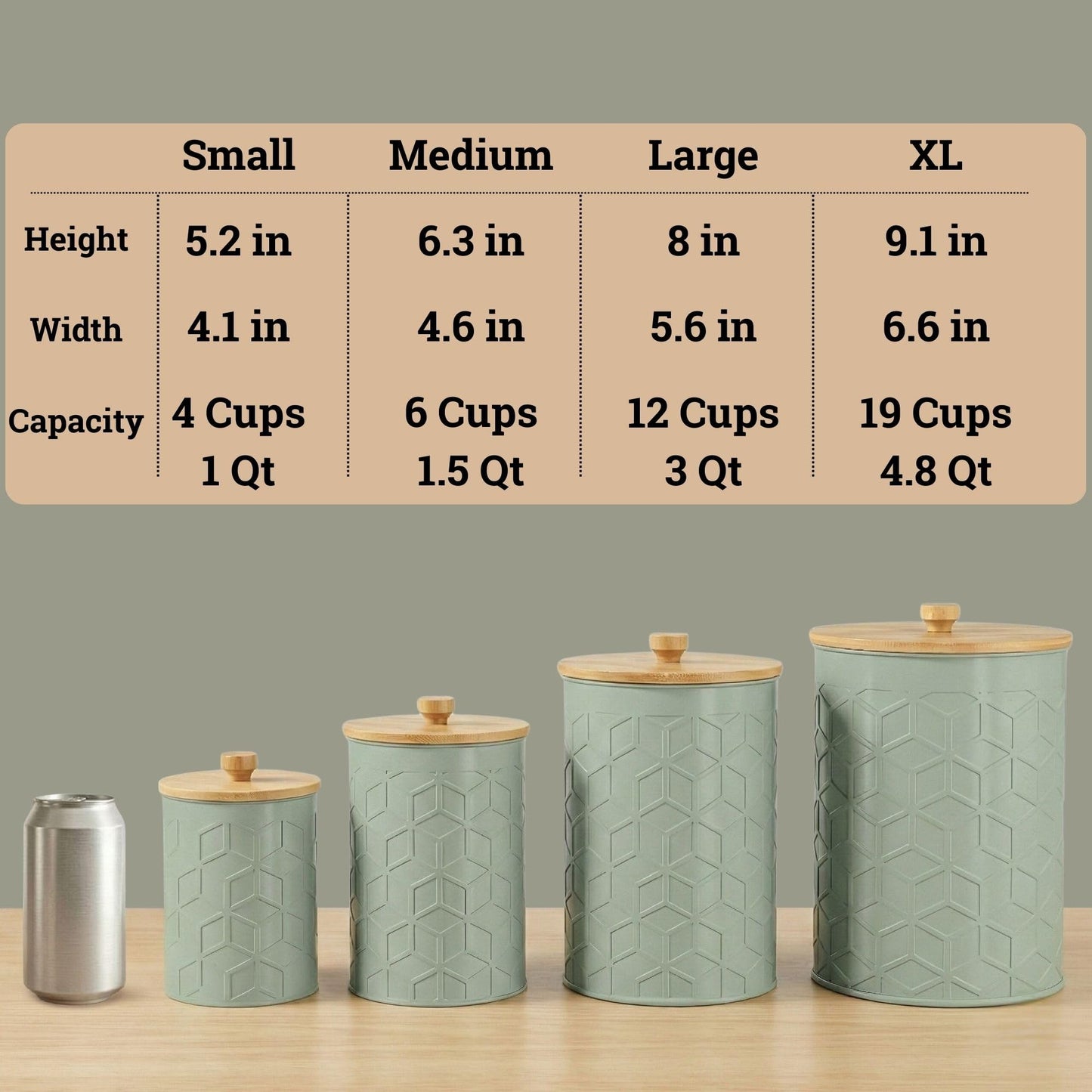 Kitchen Canisters for Countertop Set of 4 - Textured Iron Kitchen Canisters with Airtight Lids - Flour Sugar Canister Set - Flour and Sugar Containers Farmhouse - Coffee Jar for Counter - Sage Jar x4