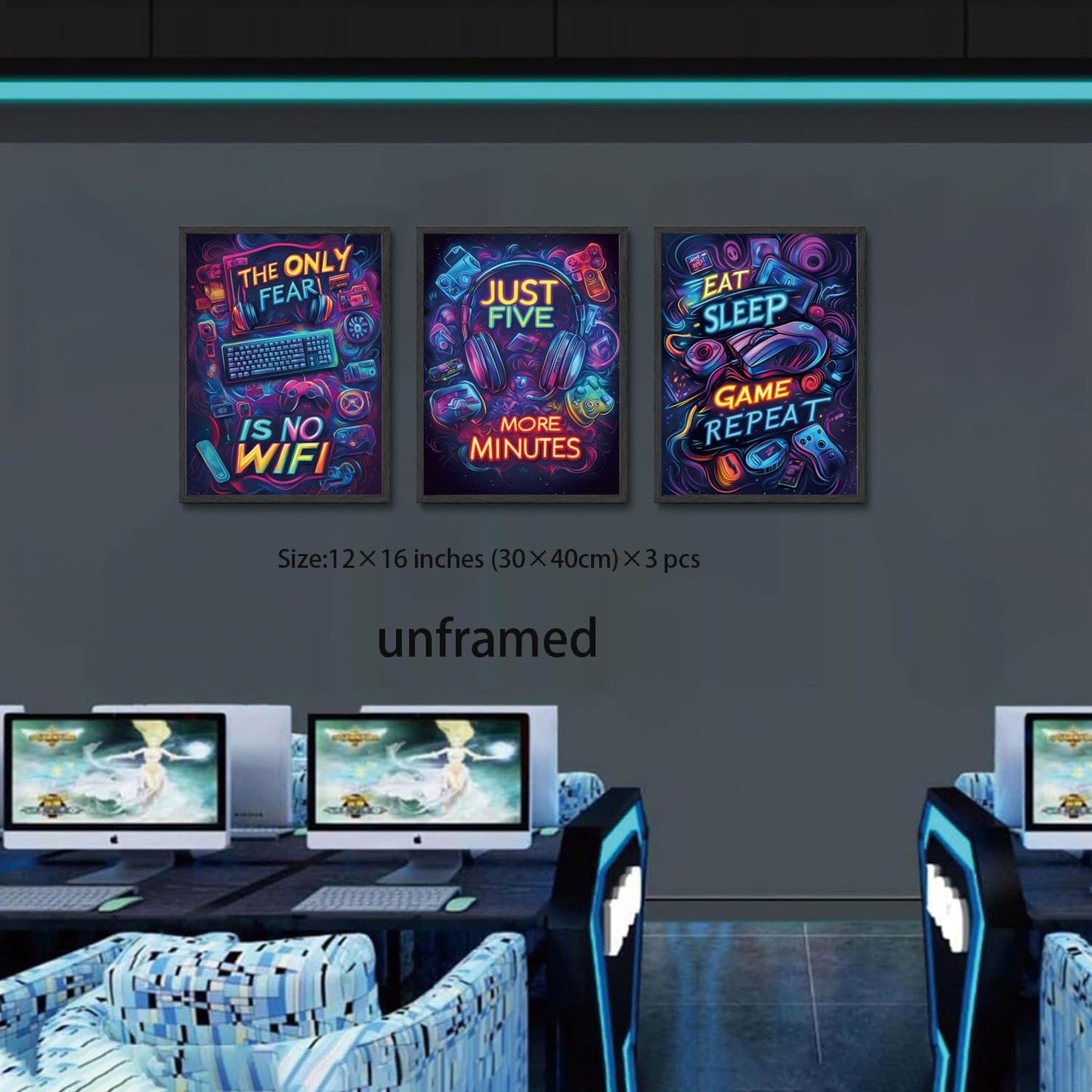 Yolbcdr Neon Gaming Posters Video Game Wall Art Prints Set of 3 Game Room Decor Gaming Sign Painting Playroom Cool Pictures Gamer Wall Decor for Boy Teen Men Bedroom Bathroom 12x16in Unframed