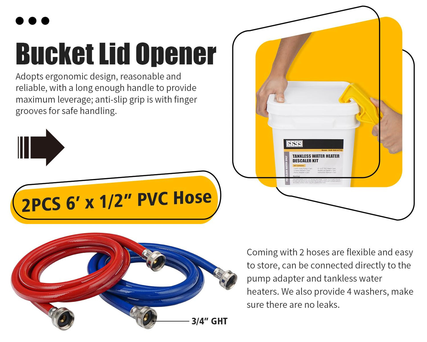 6699 Tankless Water Heater Flushing Kit Includes 1/6HP Submersible Sump Pump with Two Adapters & 3 Gallons Pail with Bucket Lid Opener & Two 1/2” Dia X 6’ PVC Hoses with Washers