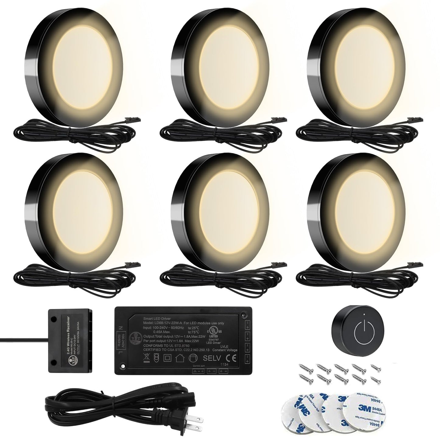 VST Under Cabinet Lighting 12V 2W (12W Total, 60W Equivalent), Wireless Dimmer Switch, Recessed or Surface Mount Wiried Puck Light for Kitchen, Wardrobe (6 Pack Black 3000K)