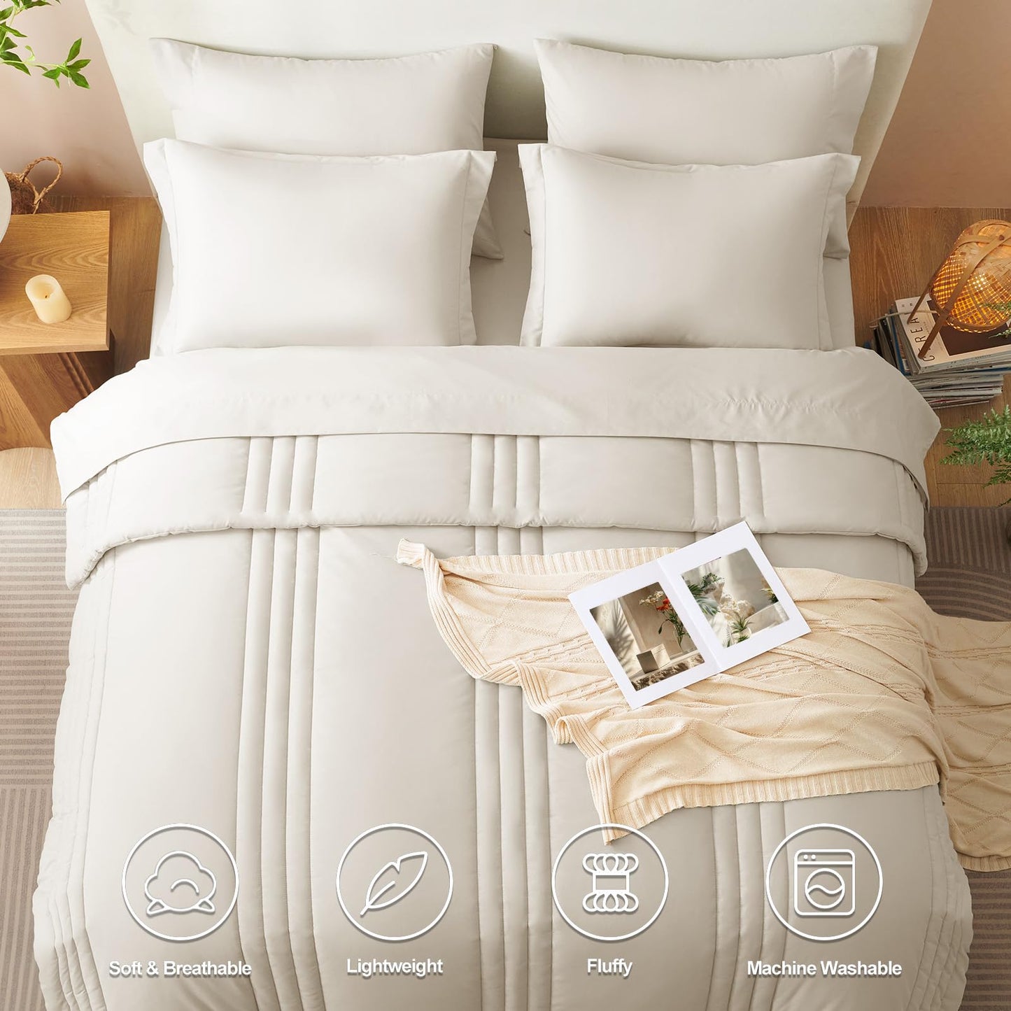 CozyLux Queen Size Comforter Sets - 7 Piece Bed in a Bag Beige Comforter Set with Sheets Luxury Queen Bed Set All Seasons, Soft Bedding Set with Down Alternative Comforter, Sheets, Pillowcases & Shams