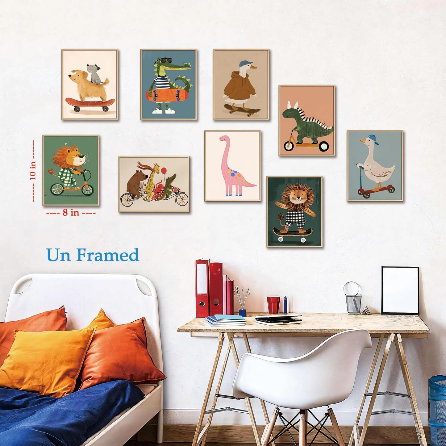 SAMHOU Kids Room Wall Art Set of 9, Funny Cute Cartoon Animal Canvas Prints, Nursery Wall Decor Paintings for Boys Girls Bedroom Baby Room Playroom Classroom Decoration 8x10 Inch Unframed