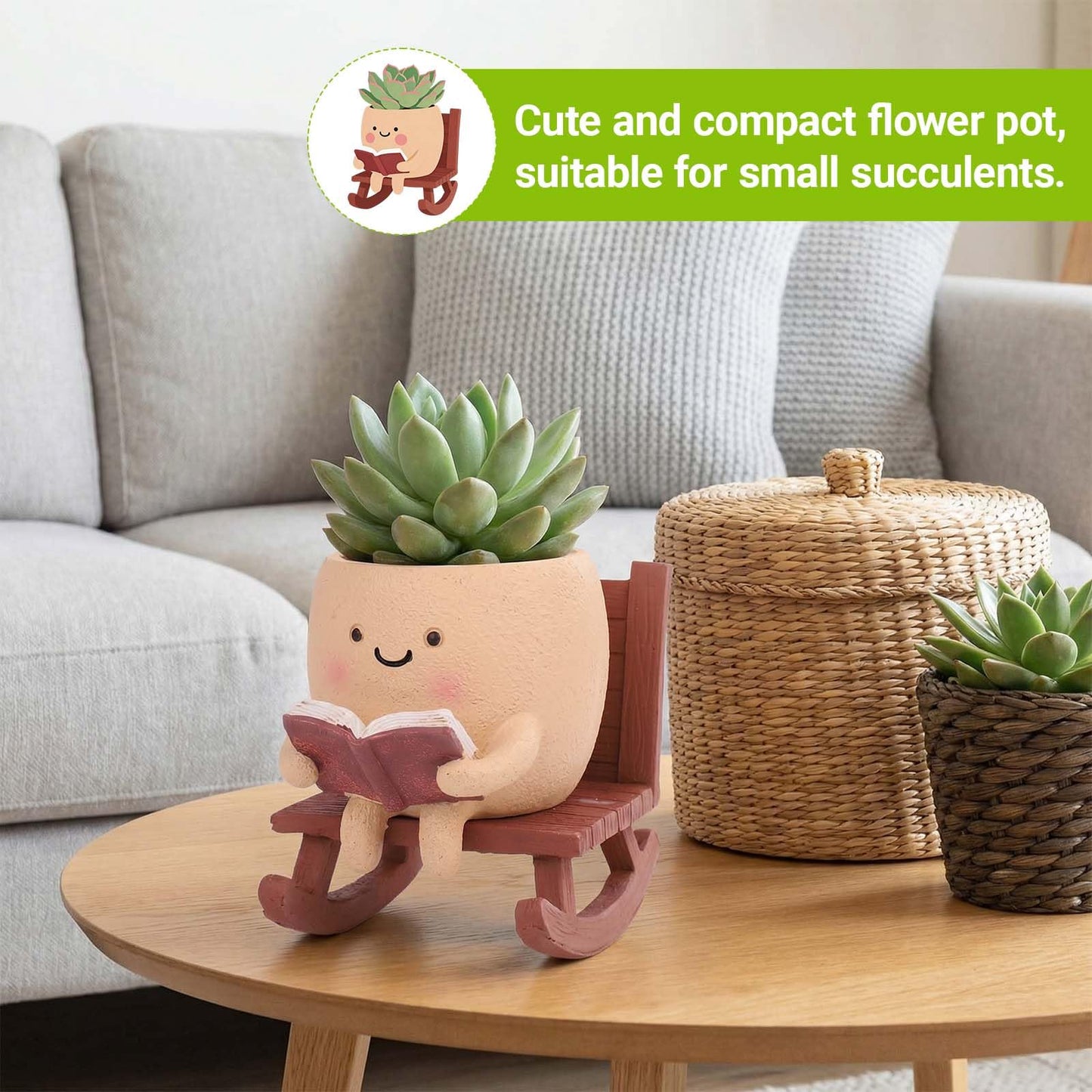 XOMIUHL Rocking Chair Reading Book Planter, Cute Smiley Face Succulent Pots with Drainage Hole, Unique Funny Flower Pot for Indoor Outdoor Plants, Plant Gifts for Mother's Day, Birthday, Christmas