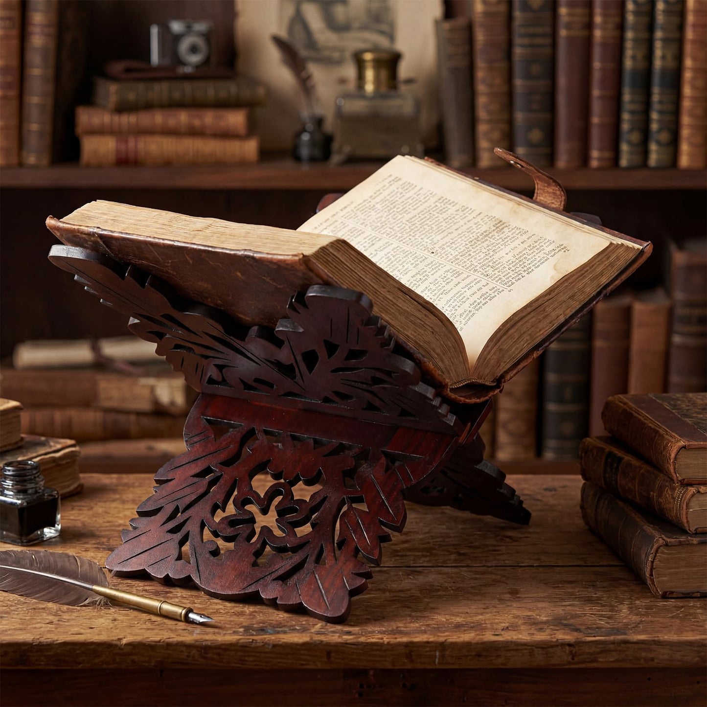 BrightRow Quran Stand Prayer Book Holder Stand 13.8 x 8.3 x 7.1 Inch Wooden Ornate Carved Indian Books Holders Decorative Bible Missal Stands for Ramadan Rihal Rehal Quran Bible Gita Display