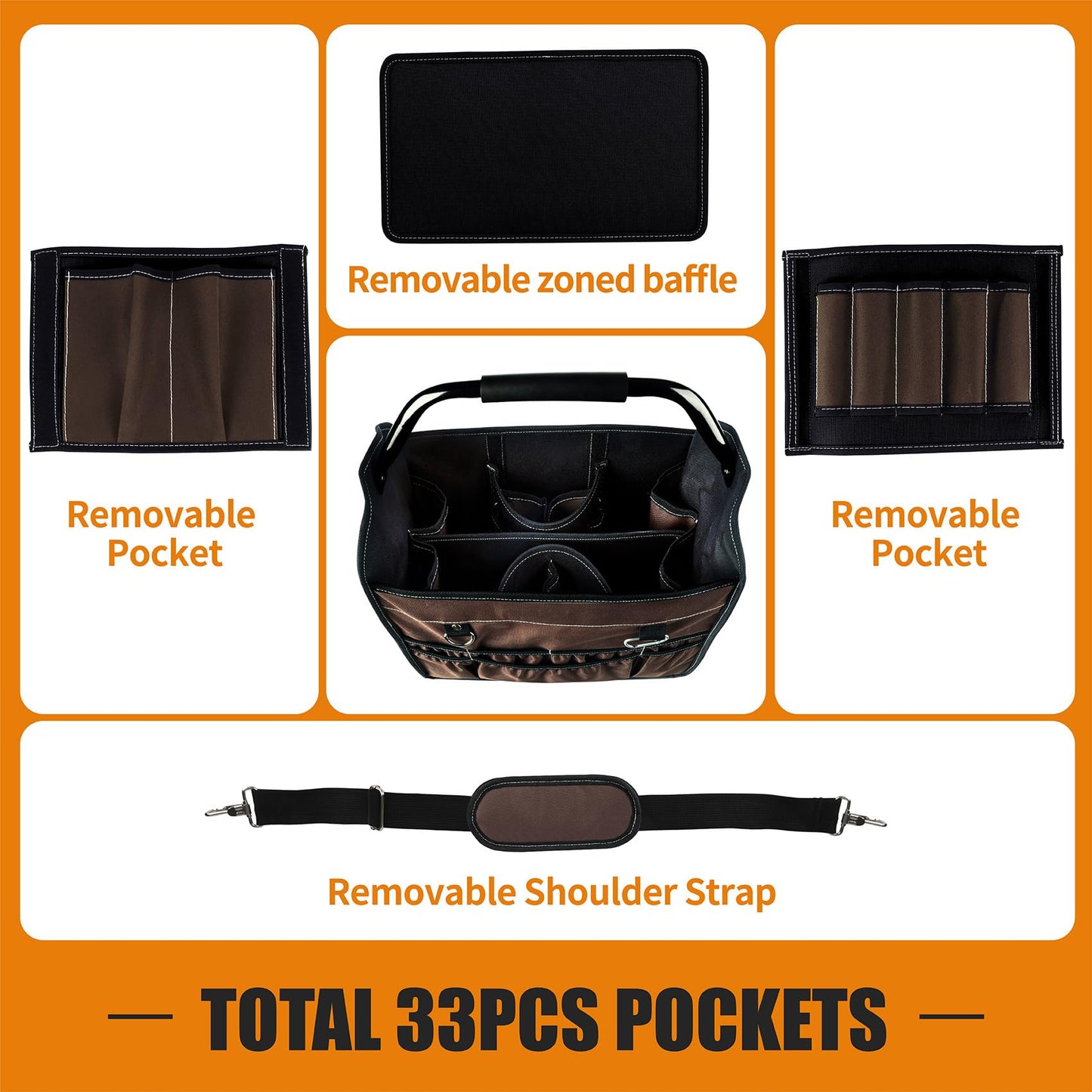 KUNLUN 17-Inch Open Top Tool Bag, Electrician Tool Bag, Tool Tote Bag Organizer for Easy Tool Access, 33 Pockets Foldable Tool Carrier with Rotating Steel Handle and Removable Shoulder Strap, Brown