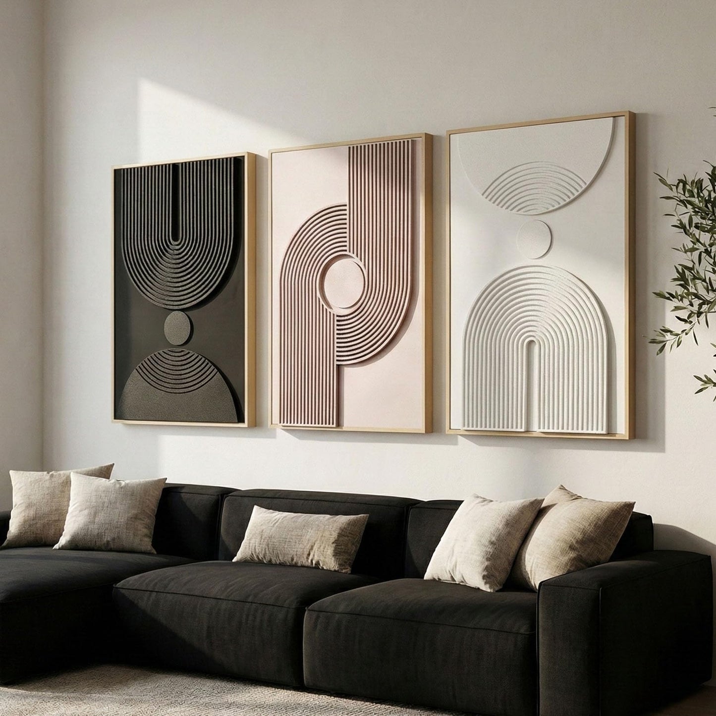 Framed 3D Textured Boho Neutral Abstract Wall Art for Living Room, 3 Piece Mid Century Modern Artwork for Walls, Creamy White Brown Relief Sculptures for Bedroom Hallway Wall Decor 20x30 In