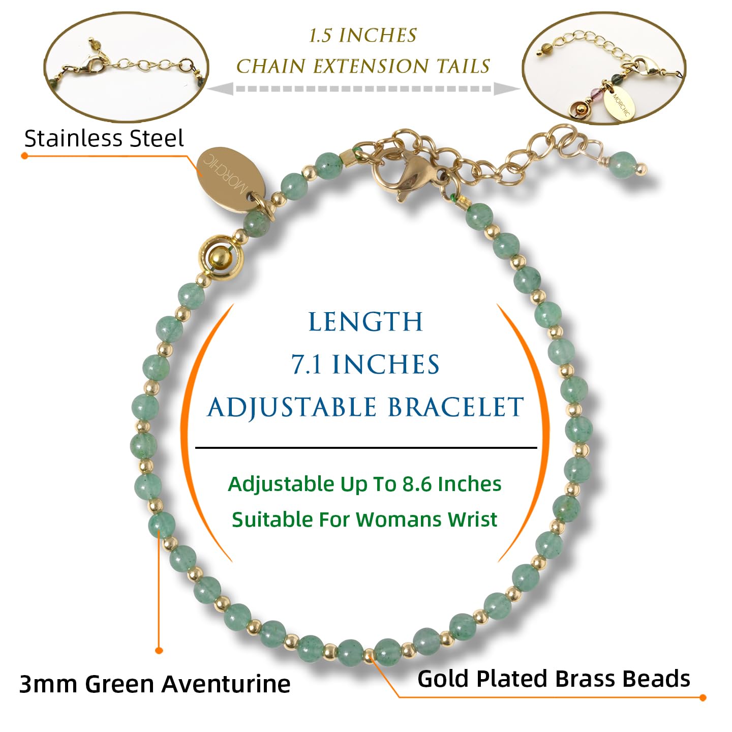 Morchic 3mm Green Aventurine Natural Gemstone Beaded Bracelet for Women, Dainty Tiny Charm Jewelry, Adjustable 7.1-8.6", Ideal Birthday Holiday Gift