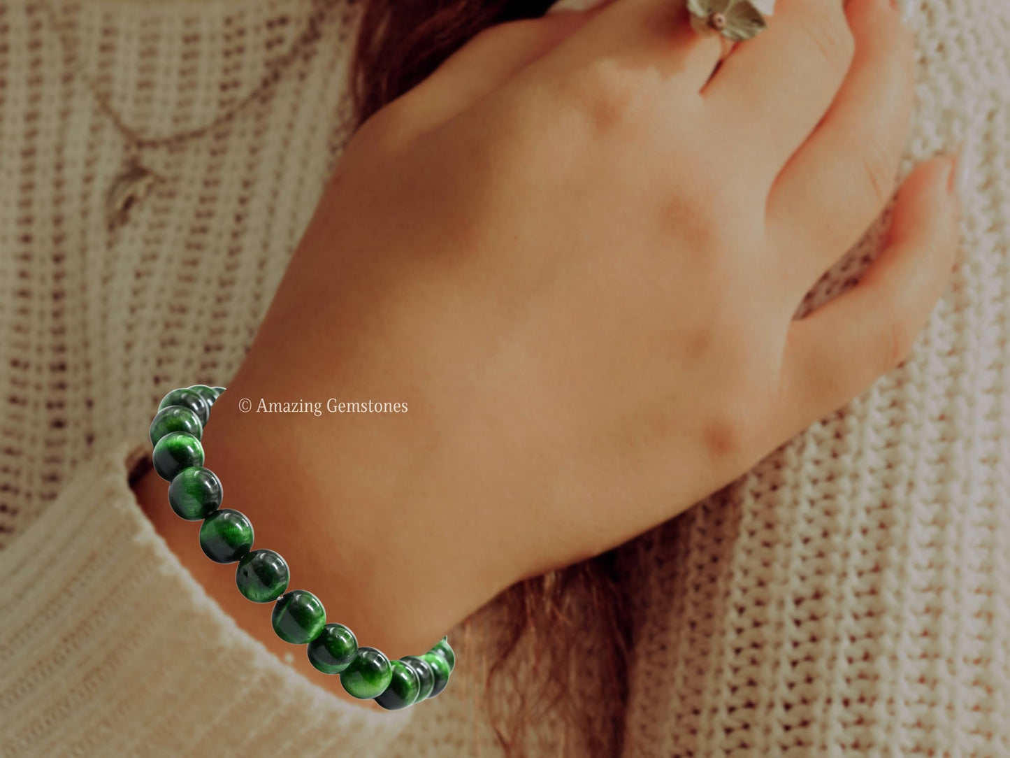 Amazing Gemstone Crystal Bracelet for Women Men's Gifts - Protection Healing Crystal Bracelet - 8mm Gemstone Beaded Stretchable Bracelet Pulseras Para Hombres Mujer Stocking Stuffers Mothers Day Gift (Green Tiger Eye)