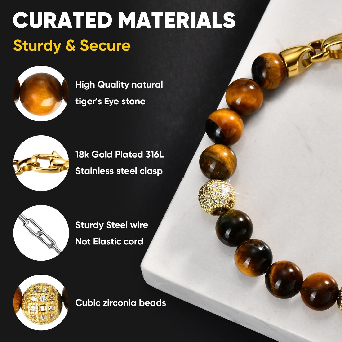Gifts for Men-Tiger's Eye Stone Beaded Bracelet,Real 8mm Natural Gemstone Chain Beads Bracelets with Stainless Steel Clasp,Designer Jewelry Gift for Boyfriend Husband Son,Birthday Anniversary,8.25''