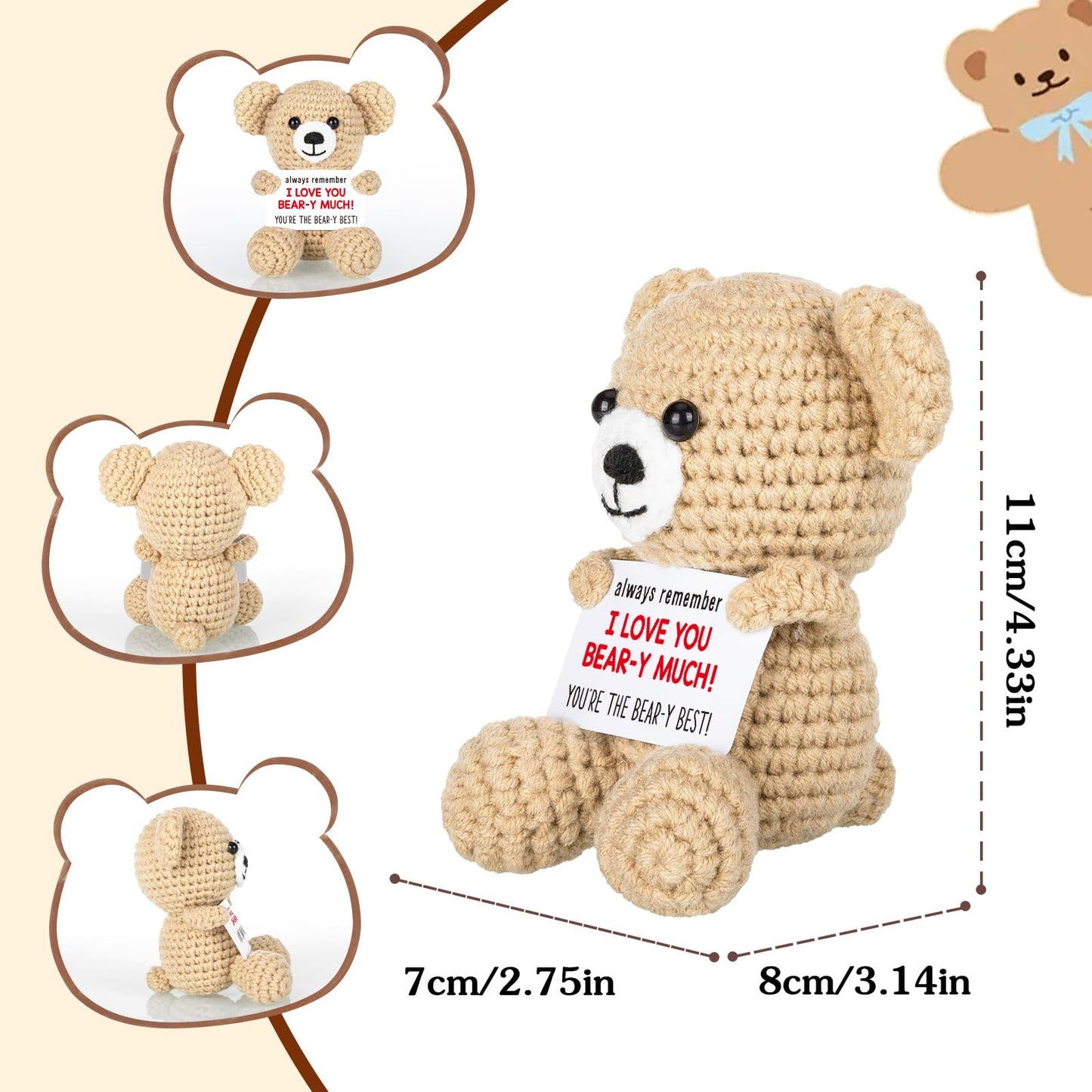WELLBANEE Mini Crochet Bear Gifts for Her Him, Wife Husband Girlfriend Boyfriend I Love You Gift, Crochet Stuffed Animal, Anniversary Birthday Gifts, Handmade Bear Small Stuff Things
