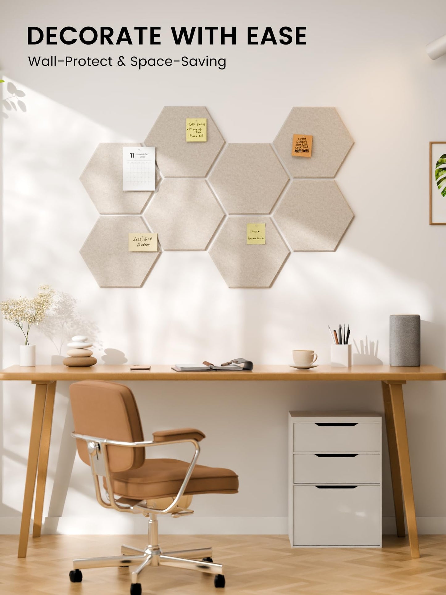 Fluxynara Hexagon Cork Board Alternative for Walls Decor-8-Pack Felt Bulletin Board Tiles,with 30 Pushpins,50 Adhesive Tabs for Office,Classrooms & Home Pin Board Felt Board-Oatmeal