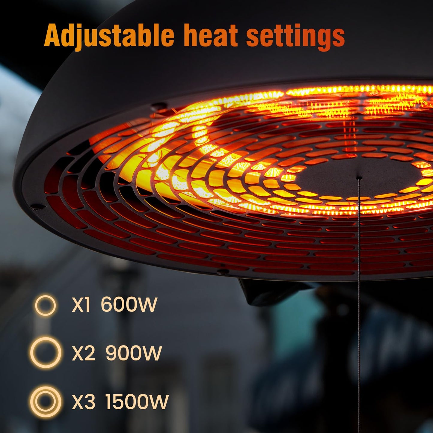 Hanging Outdoor Electric Heater, Infrared Patio Heaters for Outdoor Indoor Use, Ceiling Garage Heater with 3 Adjustable Modes 600W/900W/1500W. BLACK