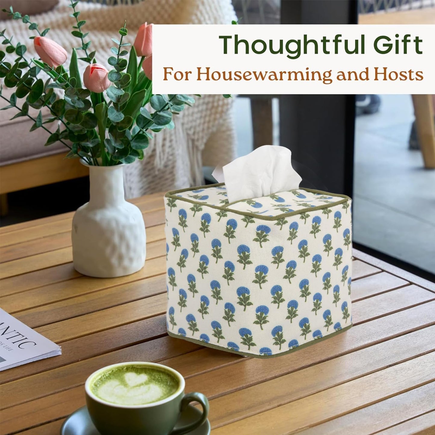 3Pcs Blue Flower Cotton Tissue Box Cover Hand Block Printed 5" x 5" x 5.5" Square Soft Reusable Floral Napkin Holder for Home Kitchen Dining Bathroom Office Cafe (Blue)