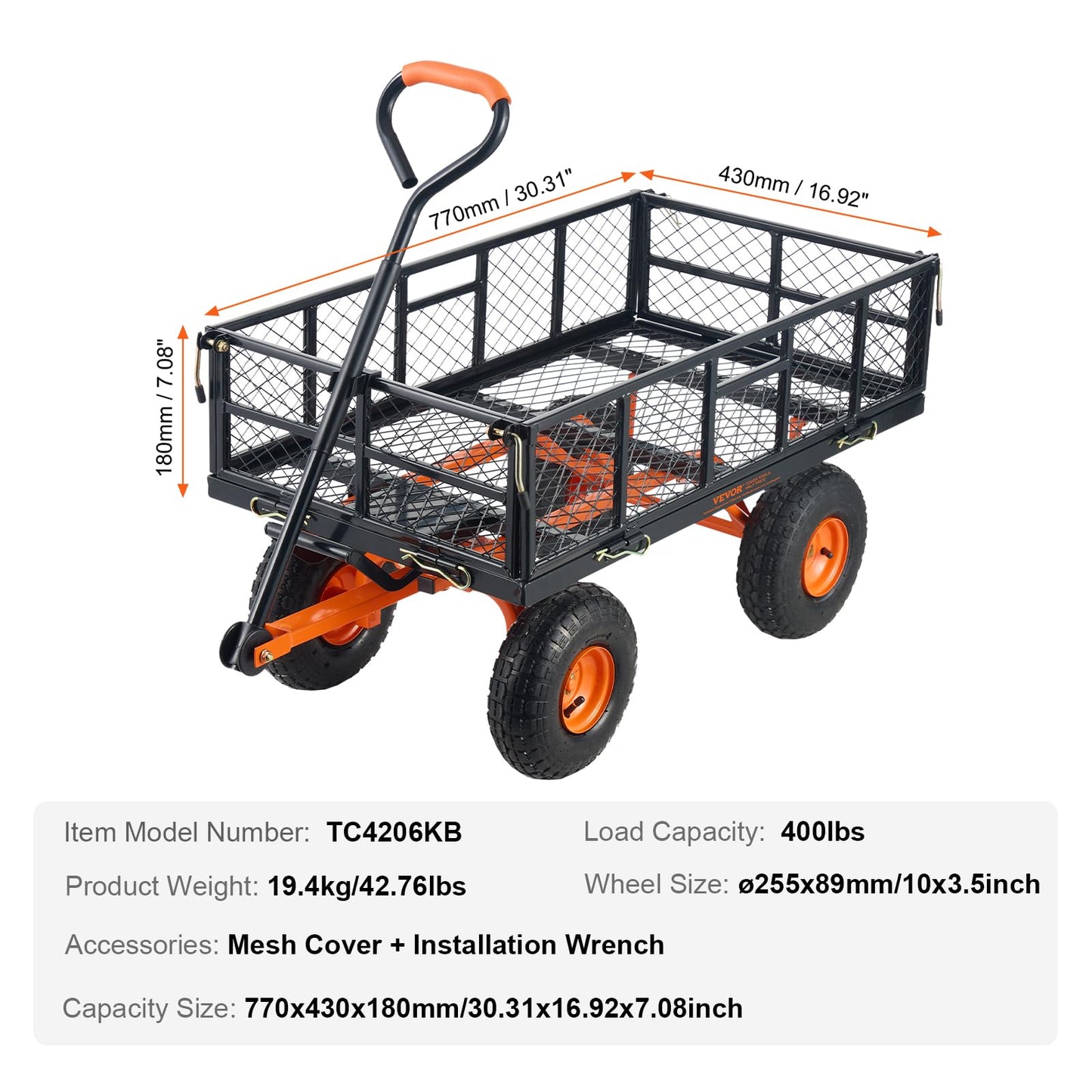 VEVOR 400lbs Steel Garden Dump Cart, Heavy Duty Garden Wagon Yard Dump Wagon with Removable Sides, Convert to Flatbed, Utility Liner, 10in All Terrain Wheels