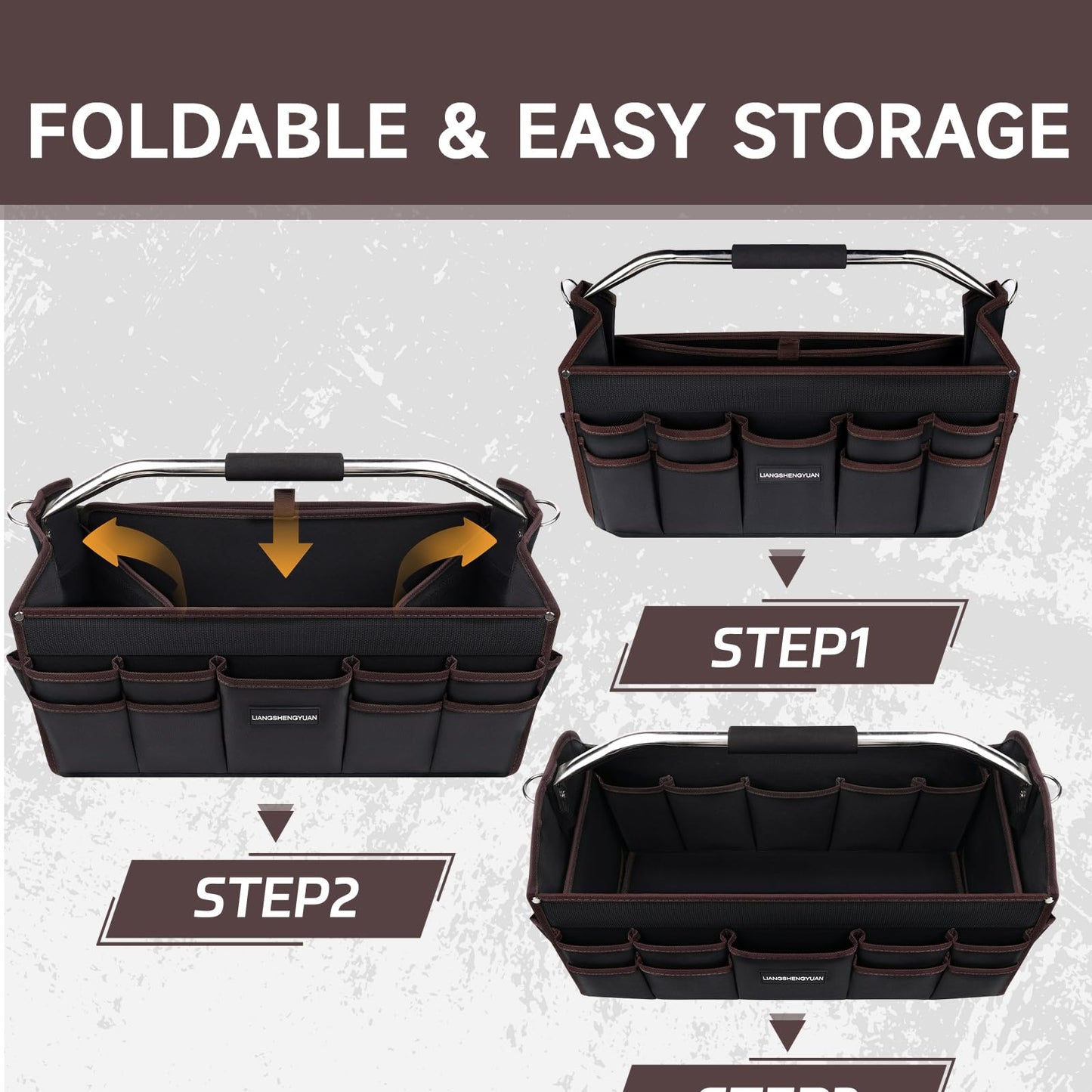 16 In Tool Carrier, Open Top Tool Tote 30 Pockets, Waterproof Tool Bag For Men, Foldable Wide Mouth Electricians Tool Bag, With Stainless Steel Handle and Removable Shoulder Strap