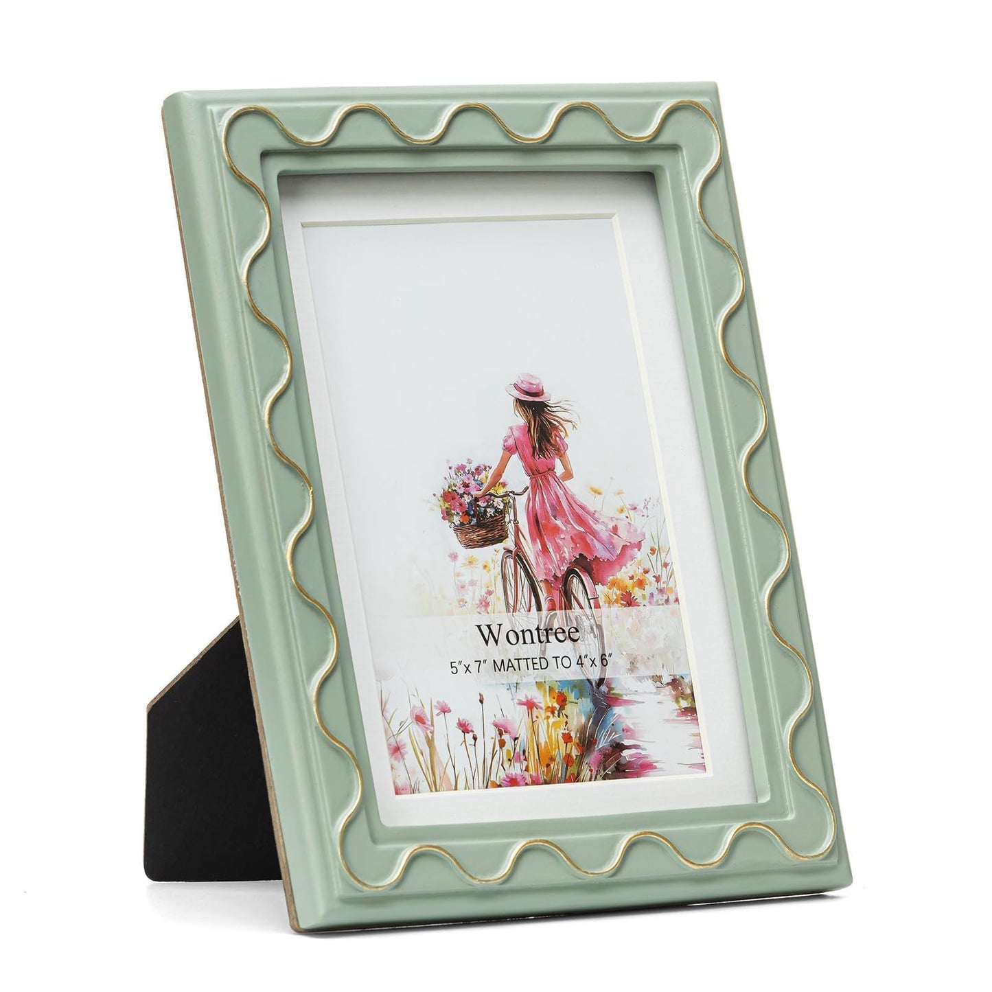Wontree 5x7 Picture Frame, Shinning Gold Swirls Against Sage-like Green, Resin Frame with Real Glass, Display 5x7 Photos Matted to 4x6, Vertical and Horizontal Desk Tabletop or Wall Hanging