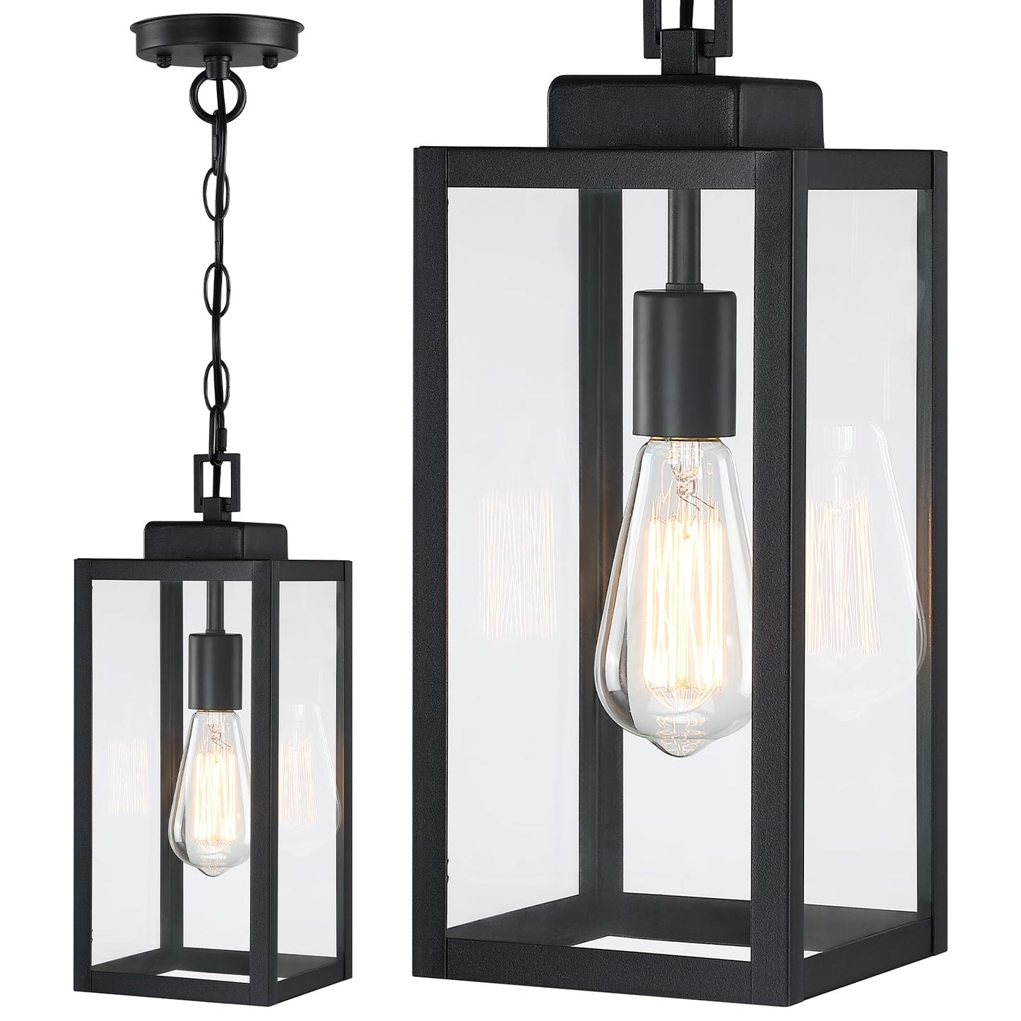 15'' Outdoor Pendant Light, Modern Outside Chandelier Outdoor Hanging Lantern Light, Matte Black with Clear Glass, Exterior Pendant Lighting Fixture Ceiling Mount for Porch, Entryway, Gazebo, 1Pack
