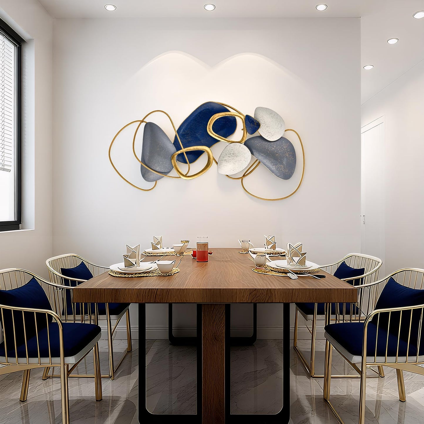 SHERBECK 3D Metal Wall Art Decor Blue Pebble Wall Sculptures Hanging Ornament Modern Abstract for Bedroom Living Room Sofa Background Home Office Kitchen Gold 41.3" L × 19.7" W
