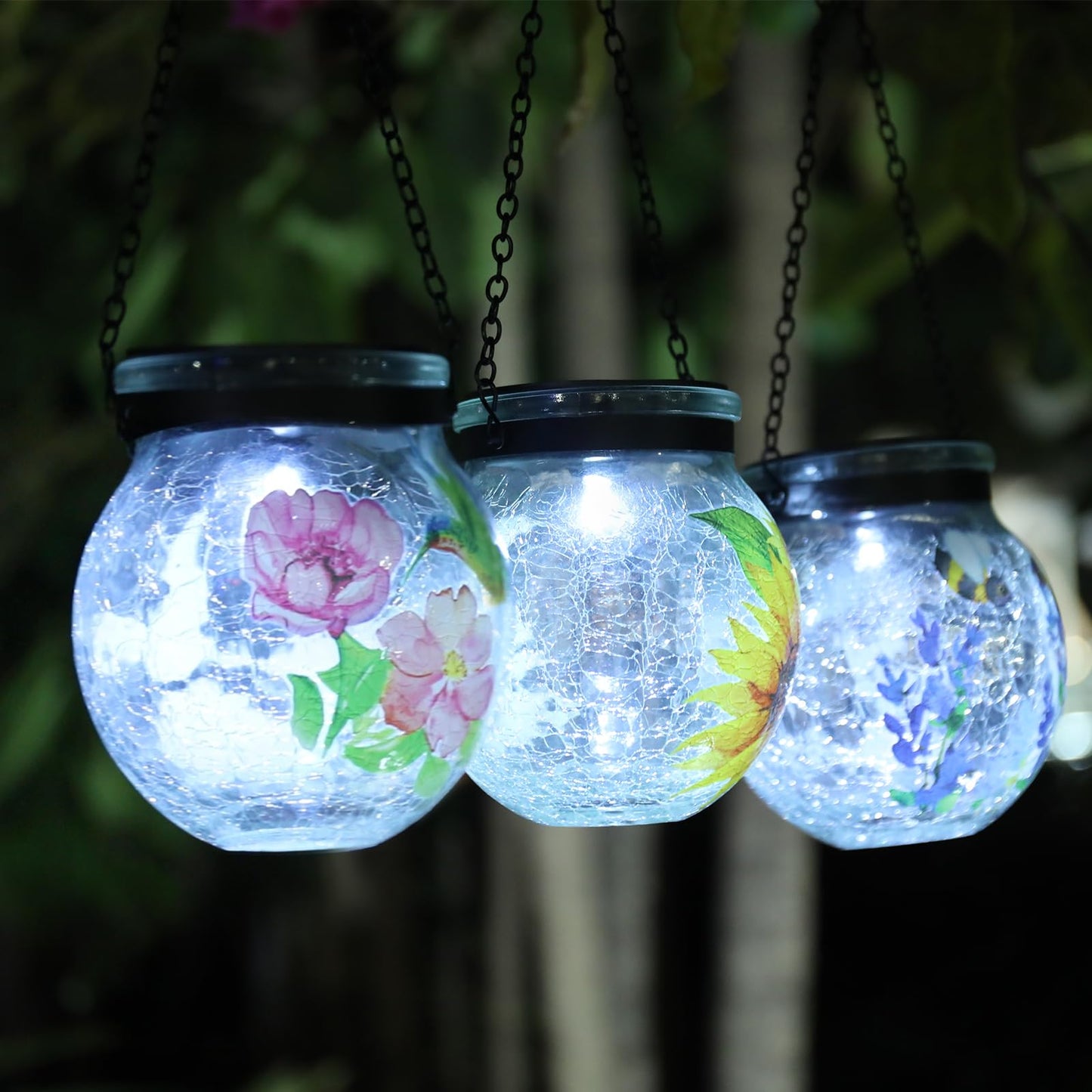 Solar Hanging Lanterns Outdoor Waterproof, 3 Pack Crackle Glass Globe Solar Lights Garden Decor Light for Patio Backyard Pathway Porch Gifts for Women Mom Grandma