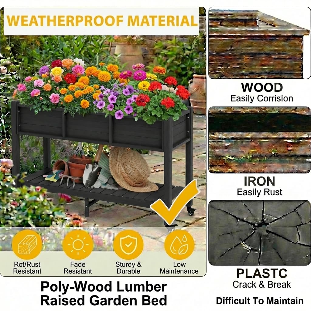 DWVO Raised Garden Bed HDPE with Wheels & Legs, 47x18x31in Weather-Resistant Poly-Wood Elevated Planter Box Outdoor, Double Tier Planters for Patio Balcony Backyard, Black