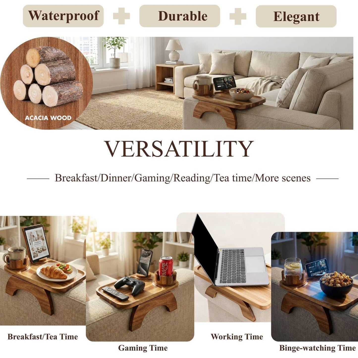 Vellabliss Couch Armrest Table, Acacia Wood Sofa Arm Tray with 360° Rotating Phone & Cup Holder, Clip-On Arm Rest Table for Couch, Anti-Slip Armrest Tray for Snacks & Drinks, 15.4" x 9.8"