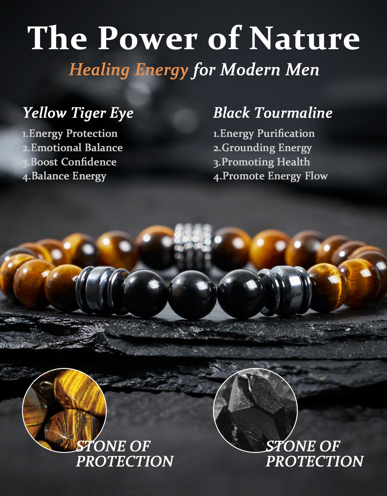 Landorilo Gifts for Men, 8mm Natural Stone Beaded Bracelets, Tiger's Eye & Black Tourmaline Healing Bracelet, Handmade Mens Jewelry Gift for Him, Husband, Son, Father, Friend(Happy Birthday-7.5in)