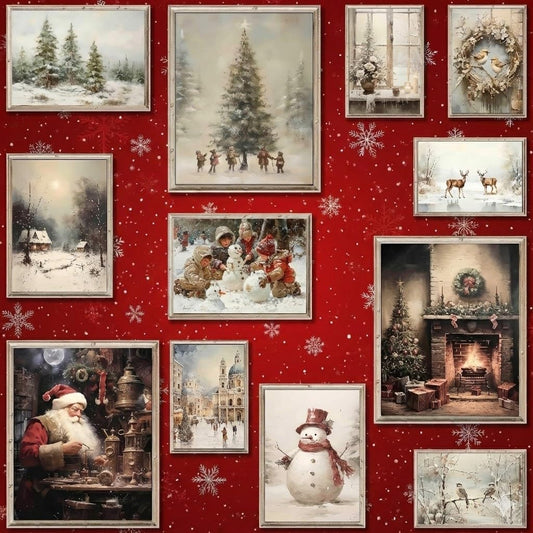 LANCHI95 12 Pcs Vintage Christmas Wall Art Prints, Christmas Wall Decor, Reindeer, Pine Tree，Santa Claus, Snowman, Winter Scene Decorations for Living Room, Bedroom (UNFRAMED) (Christmas 1)
