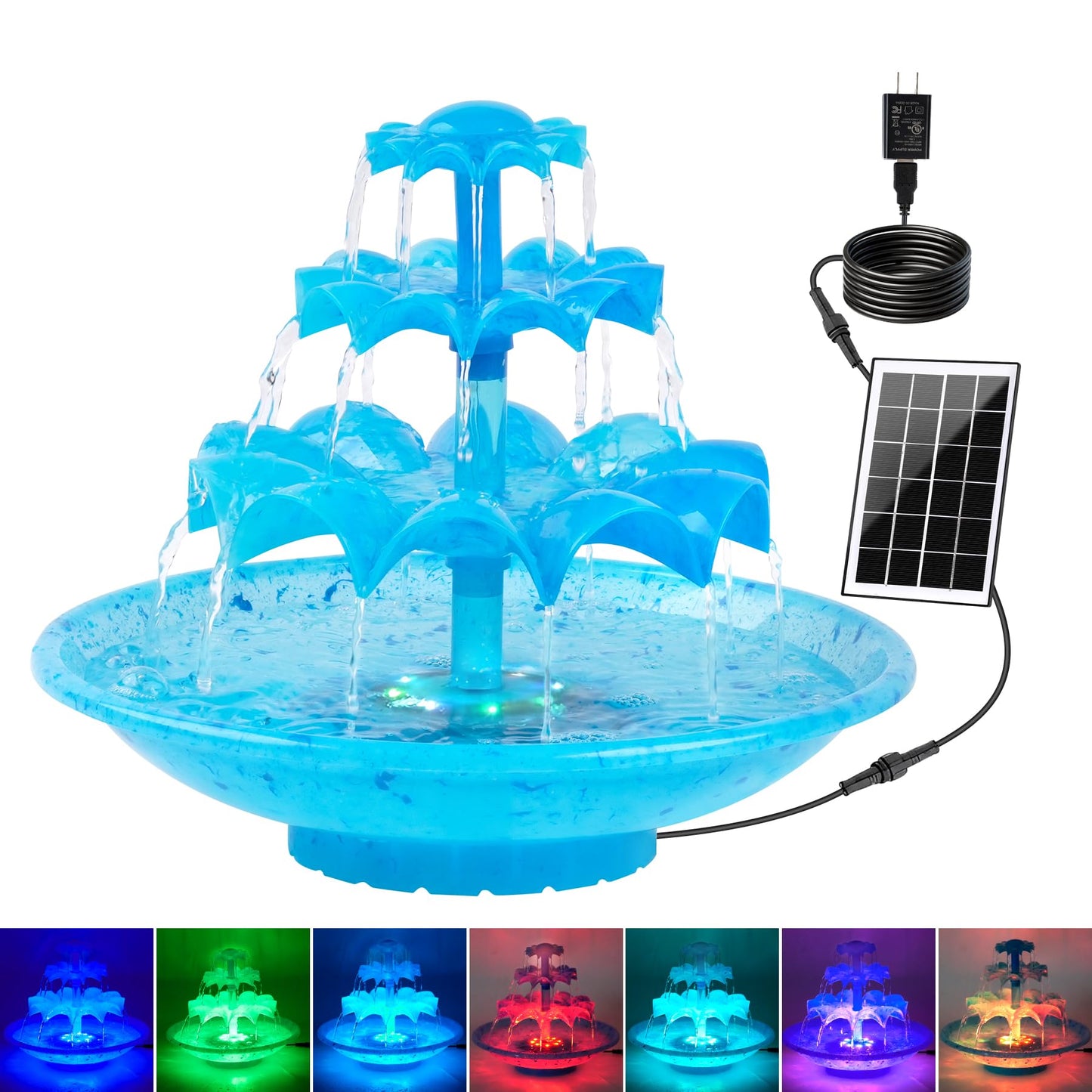 Yeomi 3-Tier Solar Fountain Pump with LED Lights, 24H Outdoor Water Feature, Detachable Design, Multi-Function Bird Bath Water Fountain for Garden Patio Yard Backyard Pond, 3.5W
