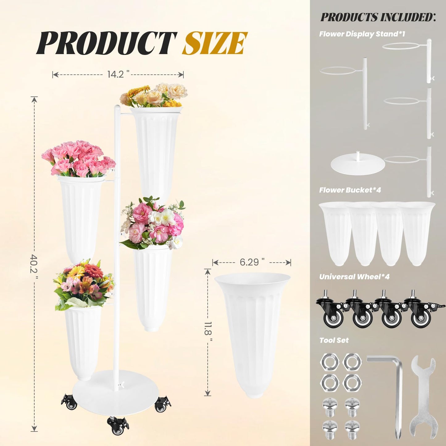 LEALIBAUSS Metal Flower Bar Stand With 4 Buckets Flower Cart Display Stand with Wheels Floral Bar for Wedding,Garden Events Party Decor (WHITE)