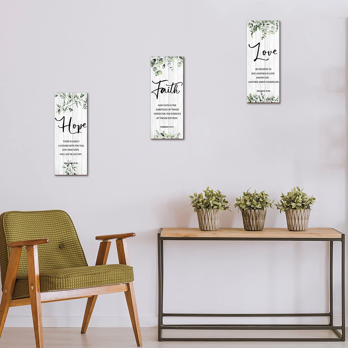 3 Pieces Wall Decor Christian Wall Decor Green Inspirational Art Scripture Hanging Plaque Rustic Wooden Leaves Sign Quote for Home Bedroom Decoration
