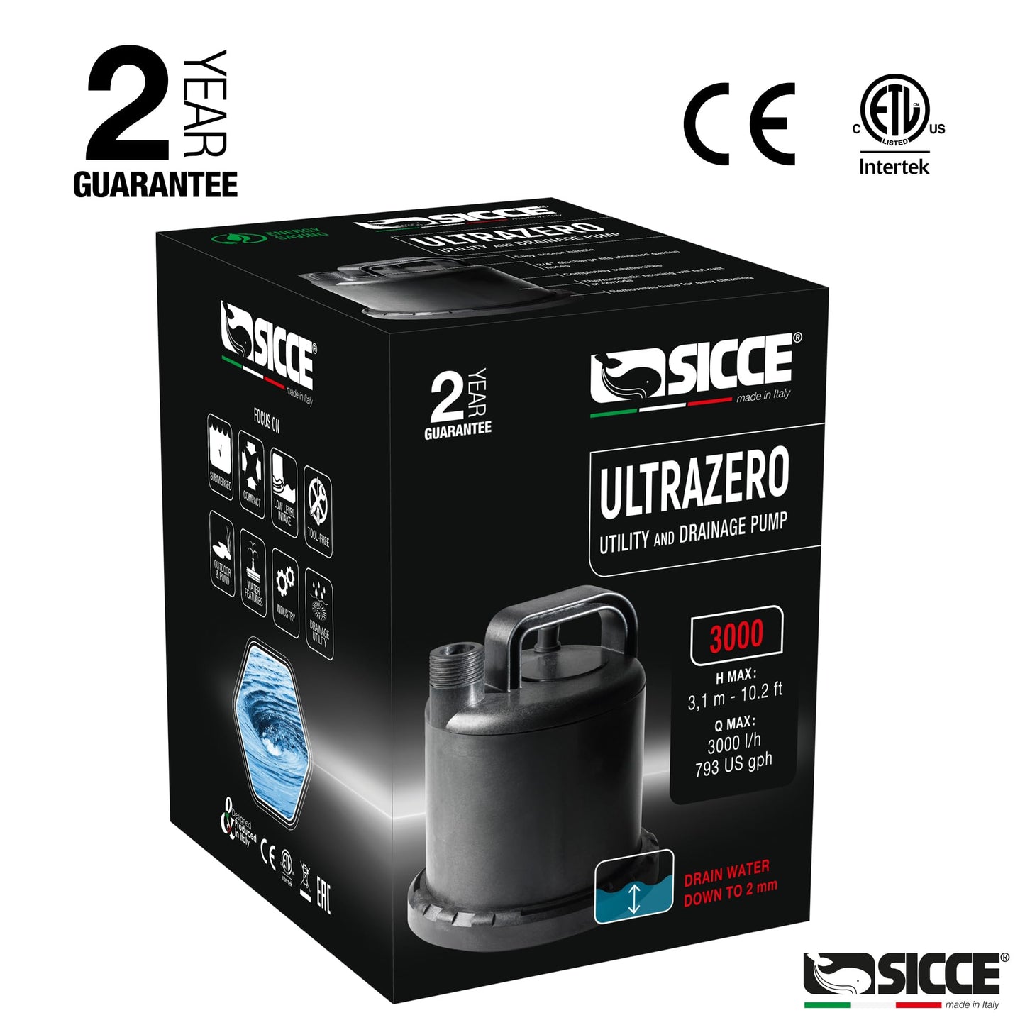 SICCE Ultra Zero 793 GPH Multi-Purpose Water Pump | Garden Hose Connection Portable Handle | Ultra Quiet Durable Aquarium Fish Tank Fountain Pond Hydroponics Terrarium Black | Freshwater & Saltwater