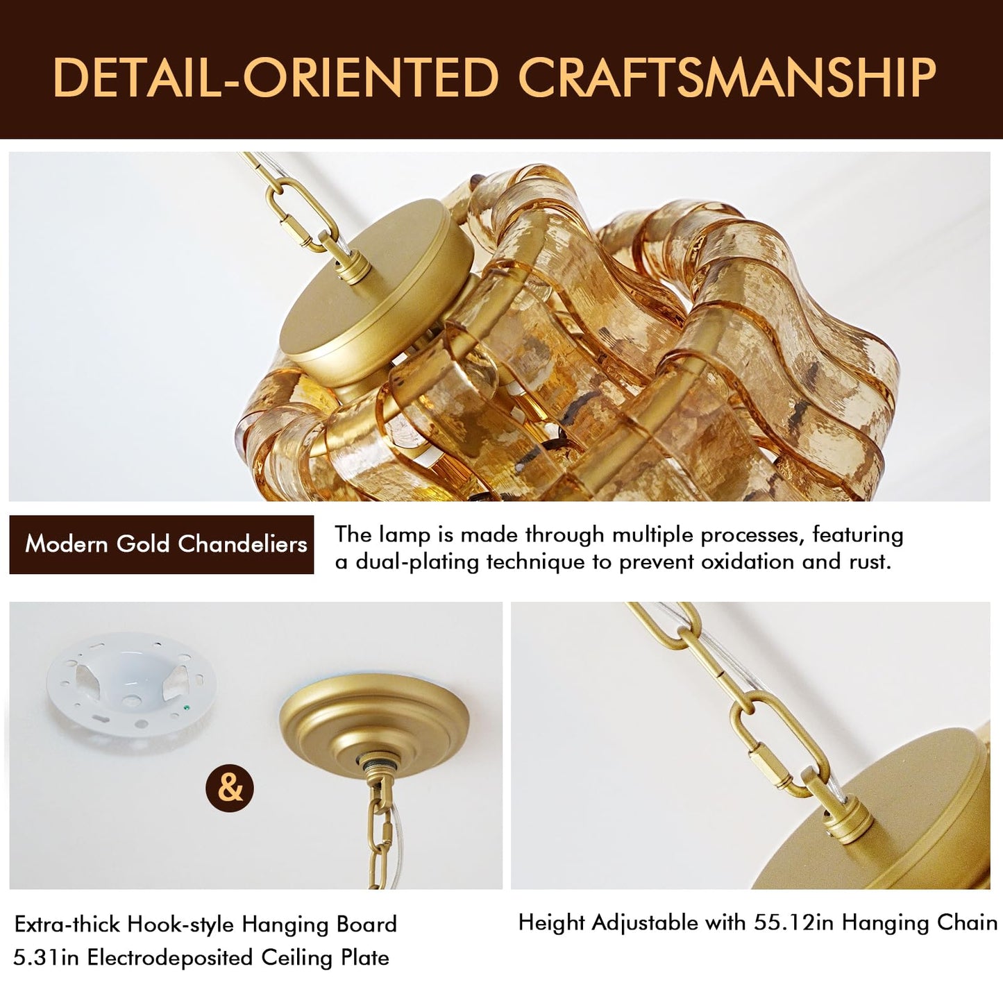 Arziheg 11.8in Kitchen Island Pendant Lights Gold, 4-Light Glass Dining Room Light, Height Adjustable 3 Layer Luxury Modern Pendant Light Fixture for Foyer Bedroom Entryway Hallway(Amber Glass)