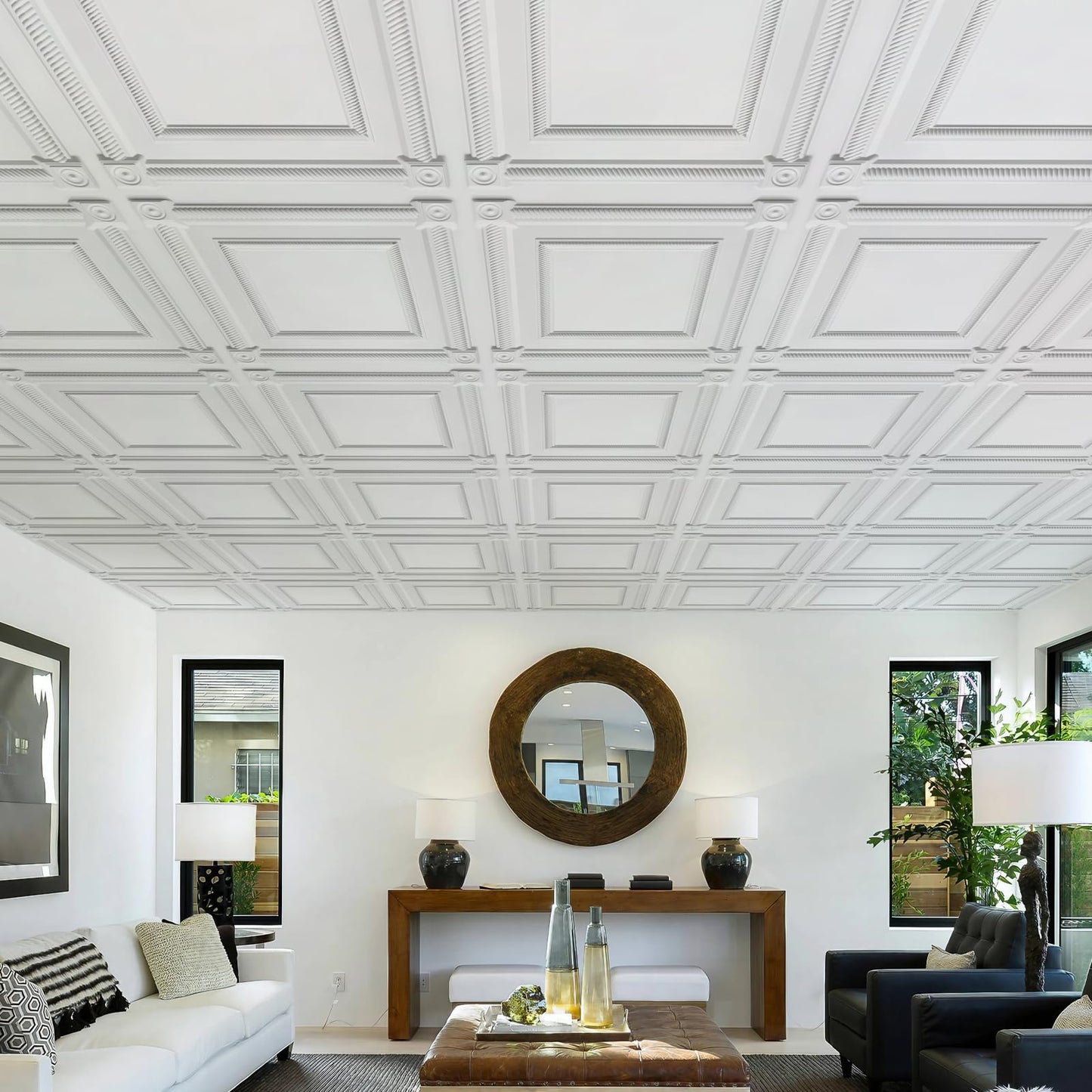 LEVOWAY 12-Pack PVC Drop Ceiling Tiles, 24 x 24in White 2'x2' Glue Up Ceiling Panel Cover 48 Sq.Ft