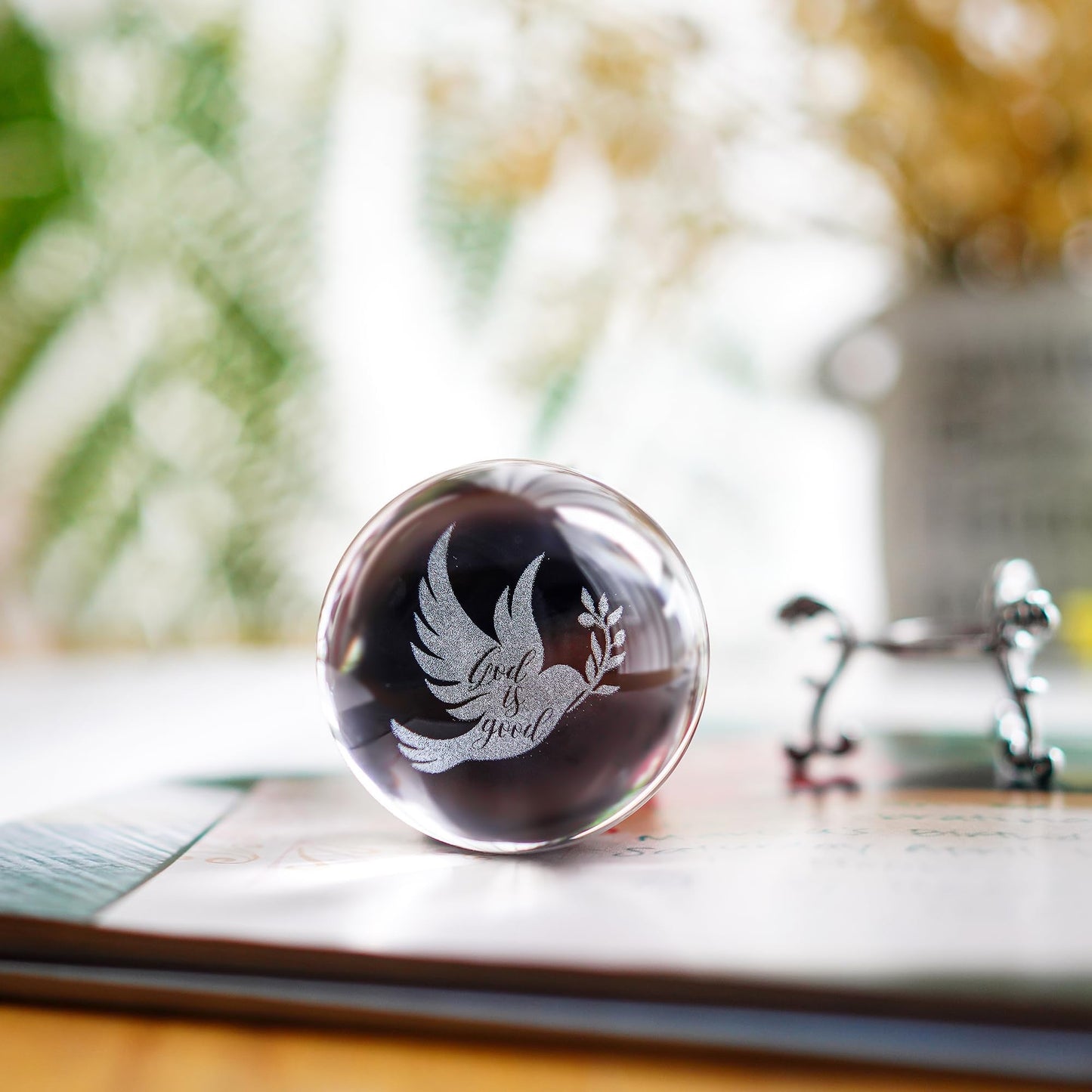 ZEERSHEE 60mm Glass Peace Dove Ball Laser Etched Dove with Olive Branch Crystal Pigeon Ornament with Stand Decor for Home Table