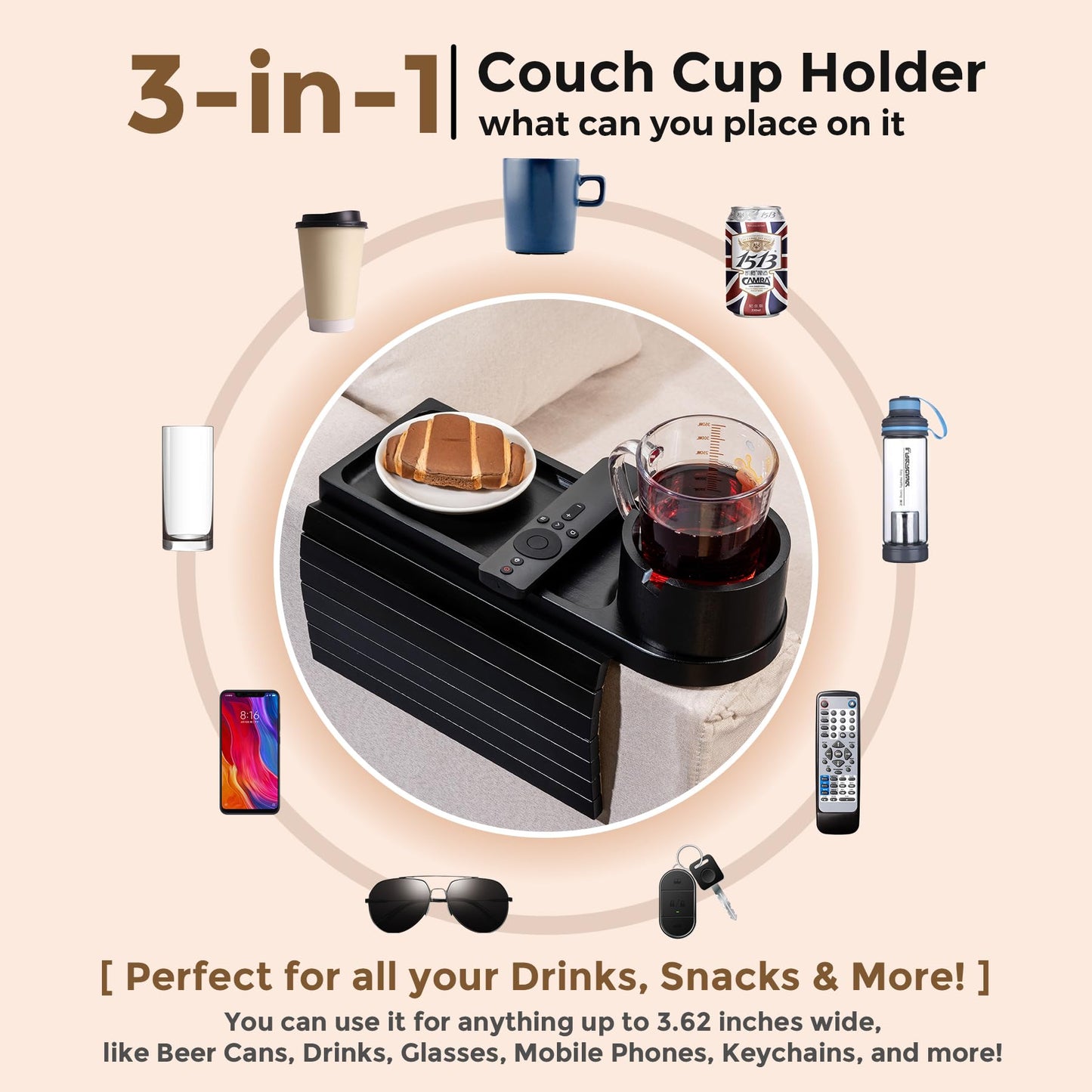 Couch Cup Holder for Armrests Over 4.9" Wide, Bamboo Couch Arm Tray with 360° Rotating Phone Stand, 3 in 1 Foldable Sofa Arm Tray Table for Remote, Snacks, Phone, Drinks Walnut