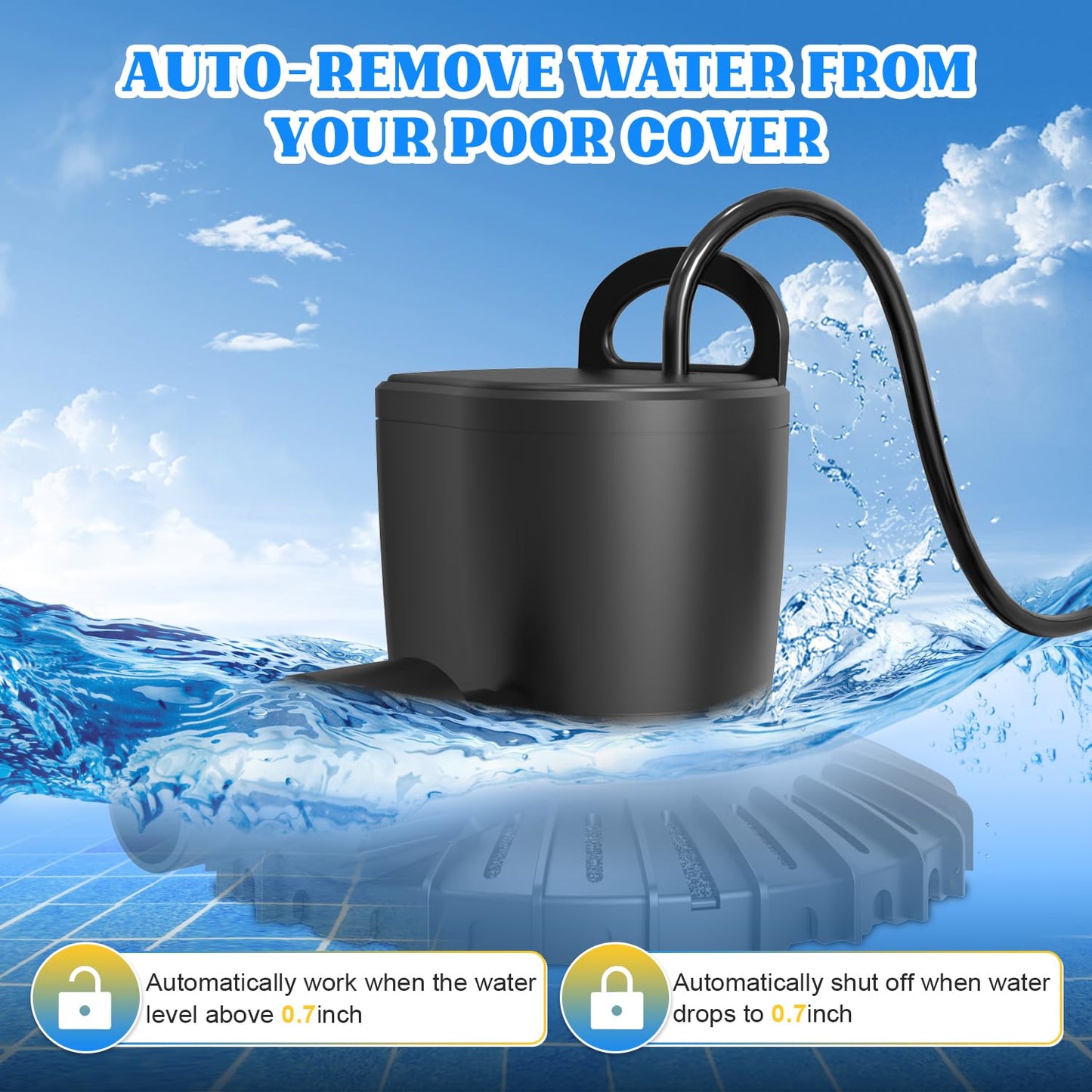 GAIZERL Pool Cover Pump, 3000L/H Automatic On Off Swimming Pool Cover Pump with 2 Garden Hose Adapters, 23ft Drainage Hose, and 49ft Power Cord, Submersible Water Pump for Pool, Tubs, and Water Beds
