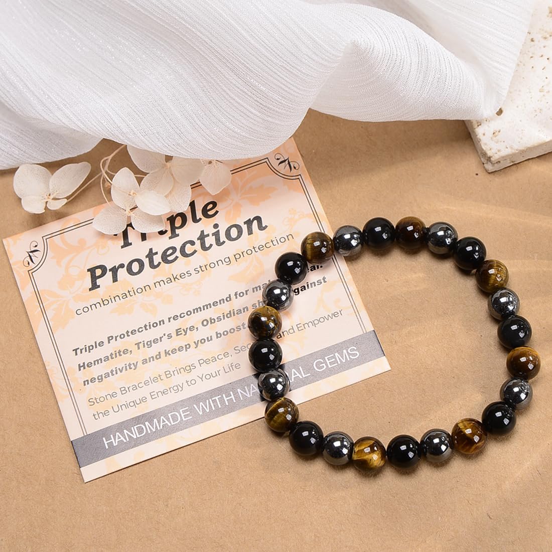 MASSIVE BEADS Triple Protection - Stone of Strong Protect - Handmade Yoga Stretch Elastic Bracelet Natural Stone Crystal Healing Power Energy Gifts for Unisex Adult 4mm
