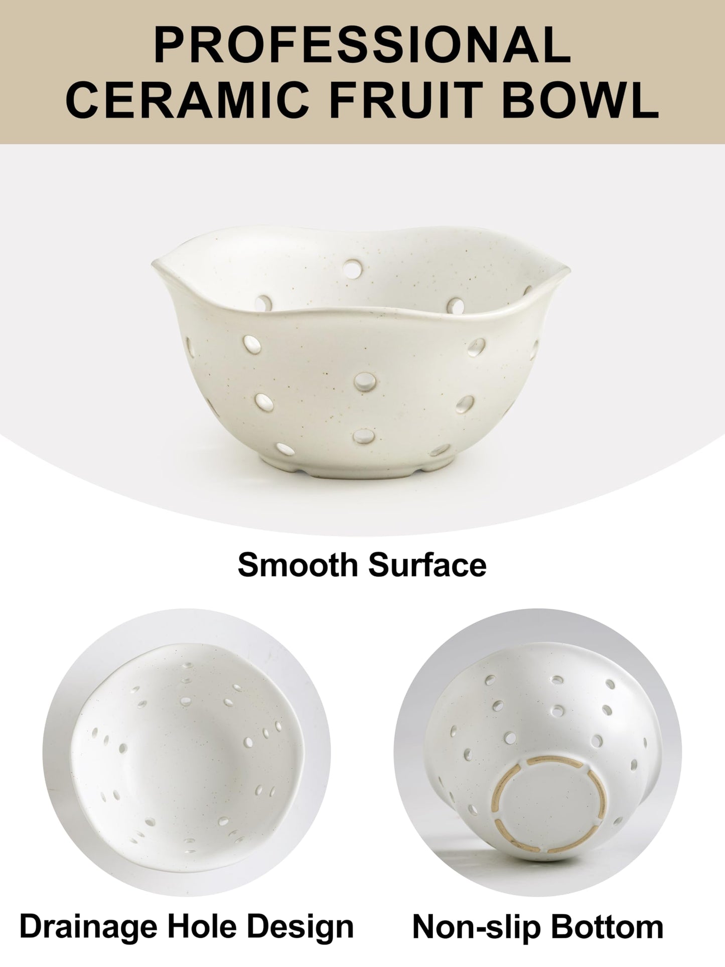 Gomakren Ceramic Berry Basket Set of 2, Rustic Fruit Basket Container 6 Inch, Fruit Bowl with Holes for Kitchen, Berries, Strawberry, Grape, Cherry, Floral Shape - Cream White