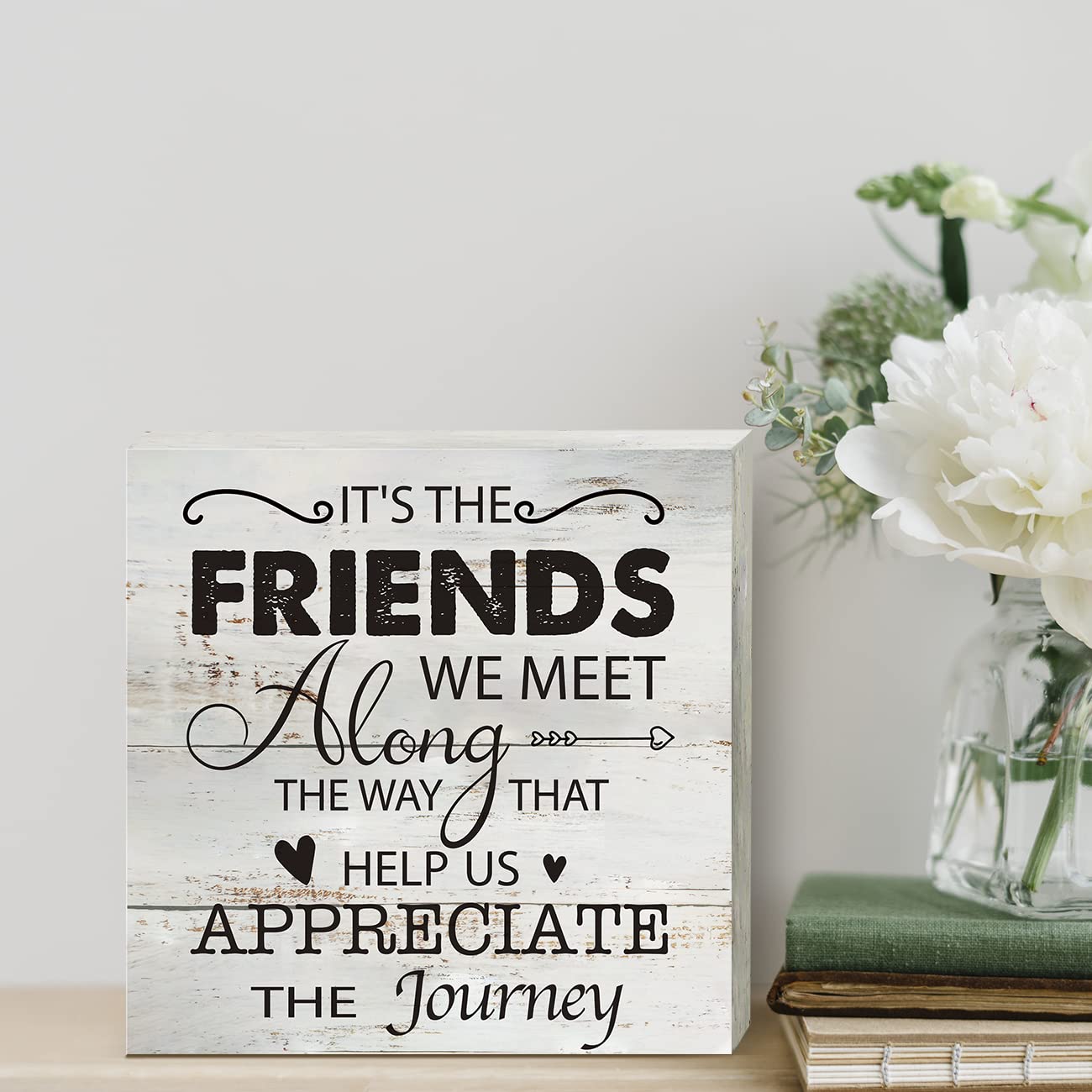 Kinship Wooden Box Sign Desk Decor Rustic Wood Block Plaque Box Sign for Home Living Room Shelf Table Decoration (5 X 5 Inch) (FRIENDS)