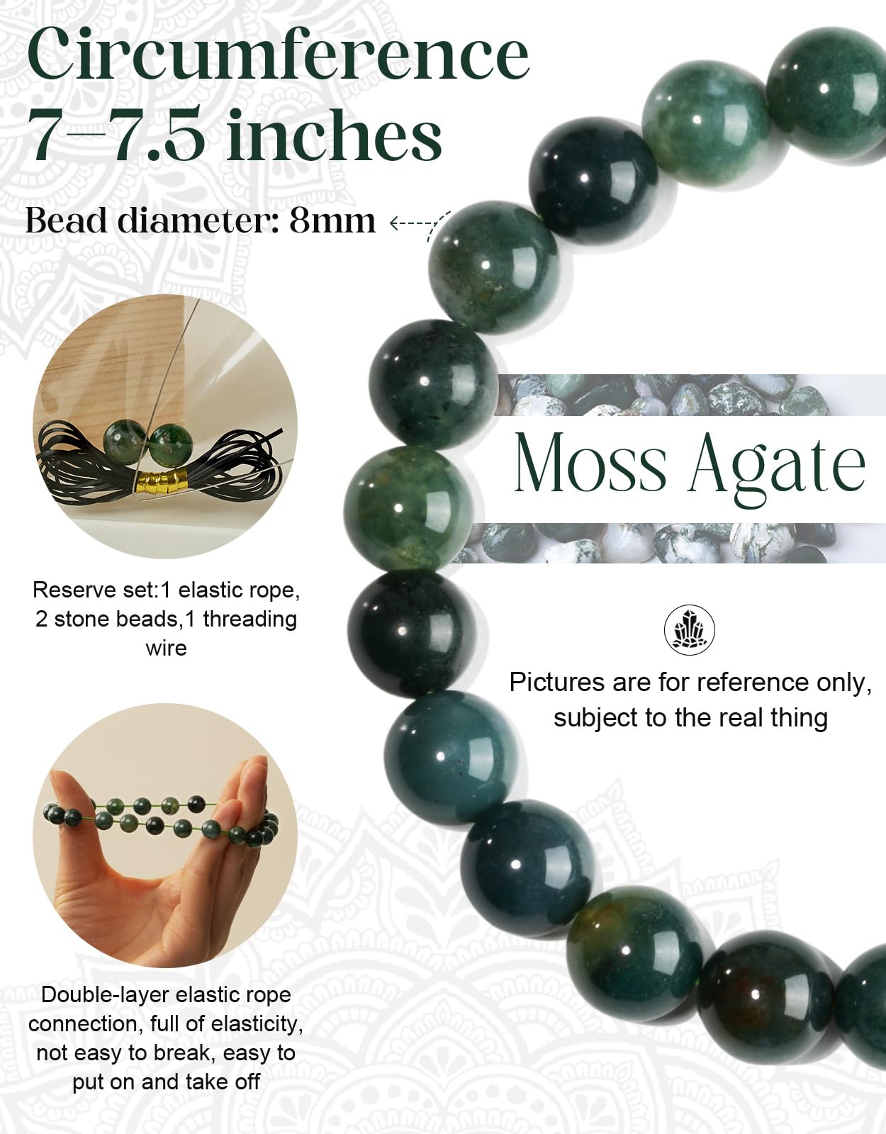Landorilo Beaded Bracelet for Men Women, 8mm Natural Stone Moss Agate Healing Crystal Stretch Bracelets, Ideal Christmas Birthday Jewelry Gifts with Energy Card，Replacement Beads Included