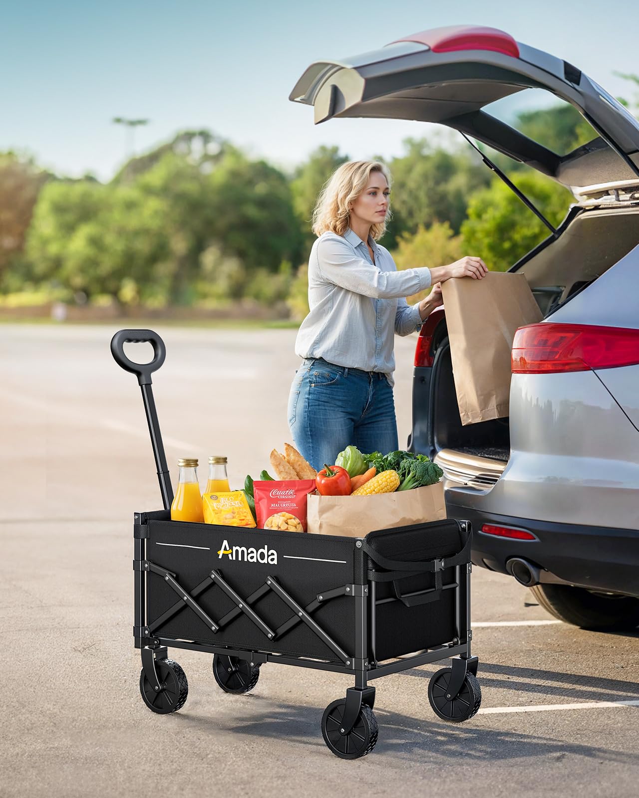 Small Wagon Cart Foldable, Collapsible Wagon with 360 LBS Max Load & Expandable Storage, 90L Foldable Grocery Cart with 2 Cup Holders for Outdoor, Garden, Camping &Groceries-Black