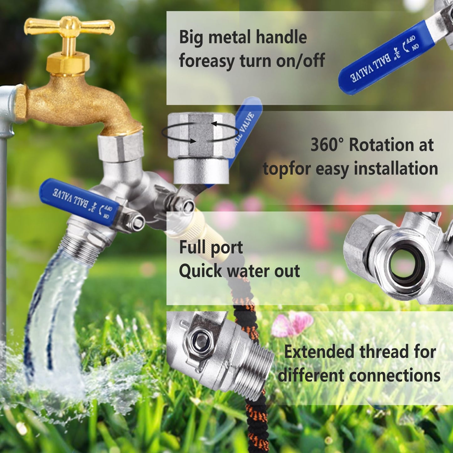 304 Stainless Steel Garden Hose Splitter 2 Way Heavy Duty, Full Flow Hose Y Splitter with Long Handle,Lead-free Y Valve Water Garden Hose Adapter,3/4" GHT Threads