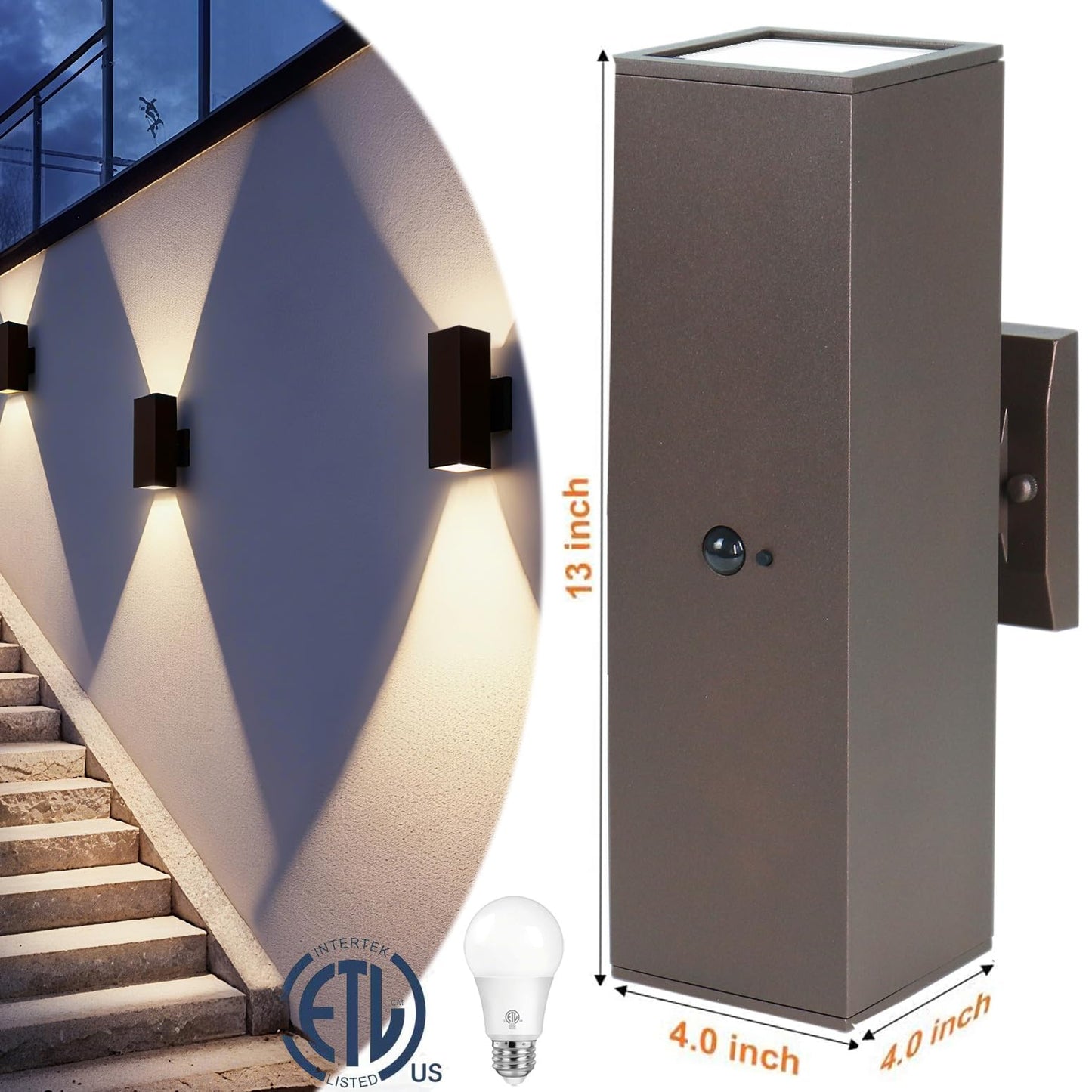 Motion Sensor Outdoor Wall Lights 2-Pack, Dusk to Dawn Exterior Light Fixtures with 3 Lighting Modes, 13'' Up Down Porch Lights with 15W LED Bulbs, Waterproof Wall Sconce for House, Patio, Garage