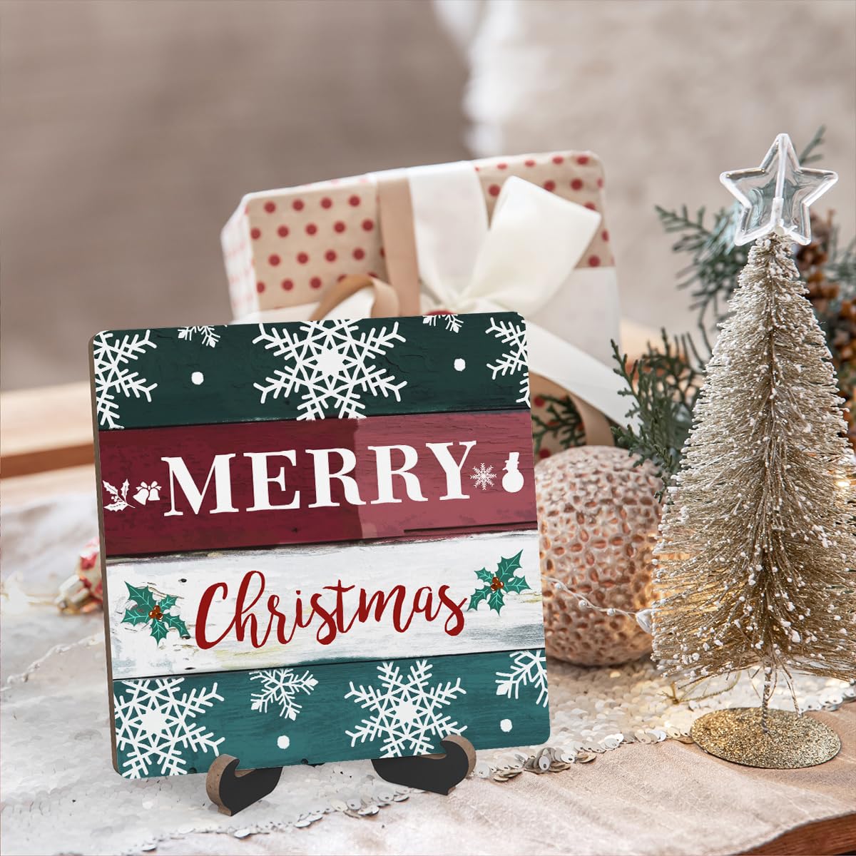Christmas Wood Plaque With Stand, Merry Christmas Desk Sign Decor for Farmhouse Home Office Table Shelf, Rustic Xmas Wood Sign Gifts for Women Men -07