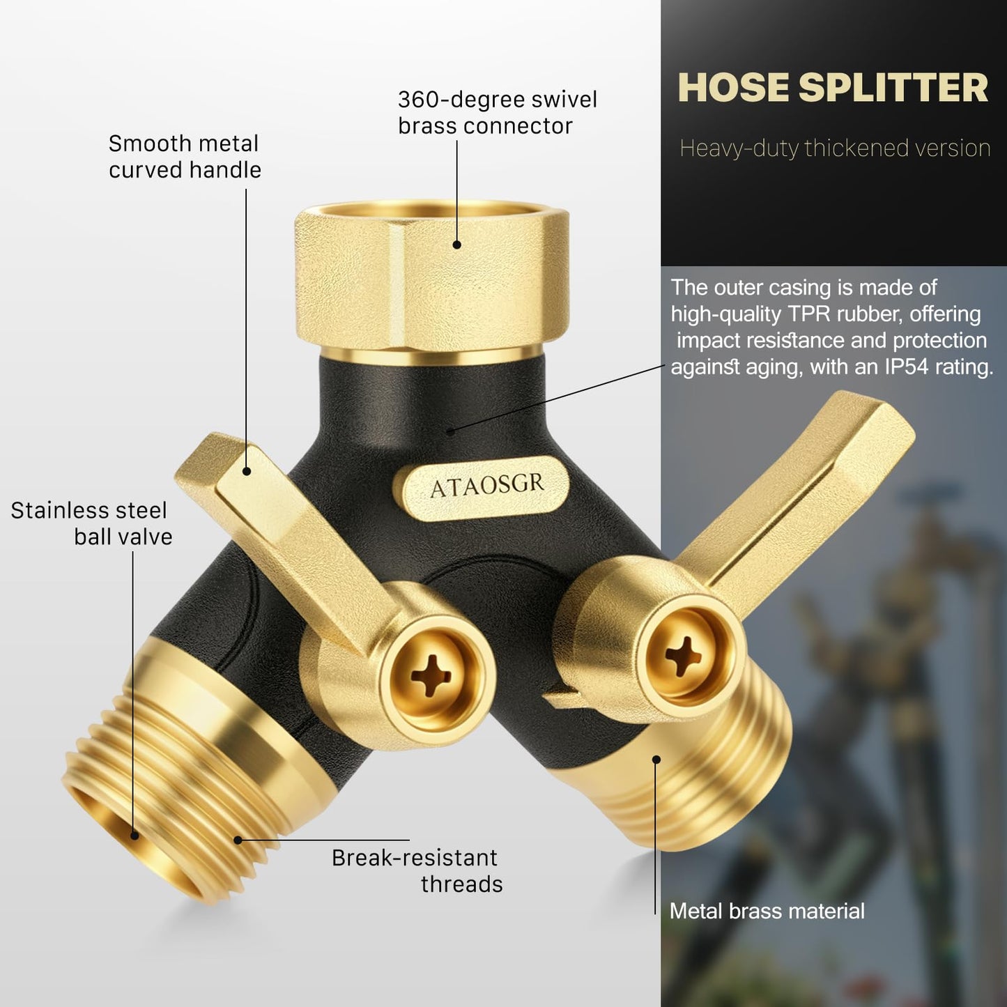 Hose Splitter 2 Way Heavy Duty, Metal Body Full Flow Garden Hose Splitter with Shut-Off Valve,3/4'' GHT Connector Water Hose Bib Y Spigot Splitter, For Outdoor Spigot Faucet and horticultural use.