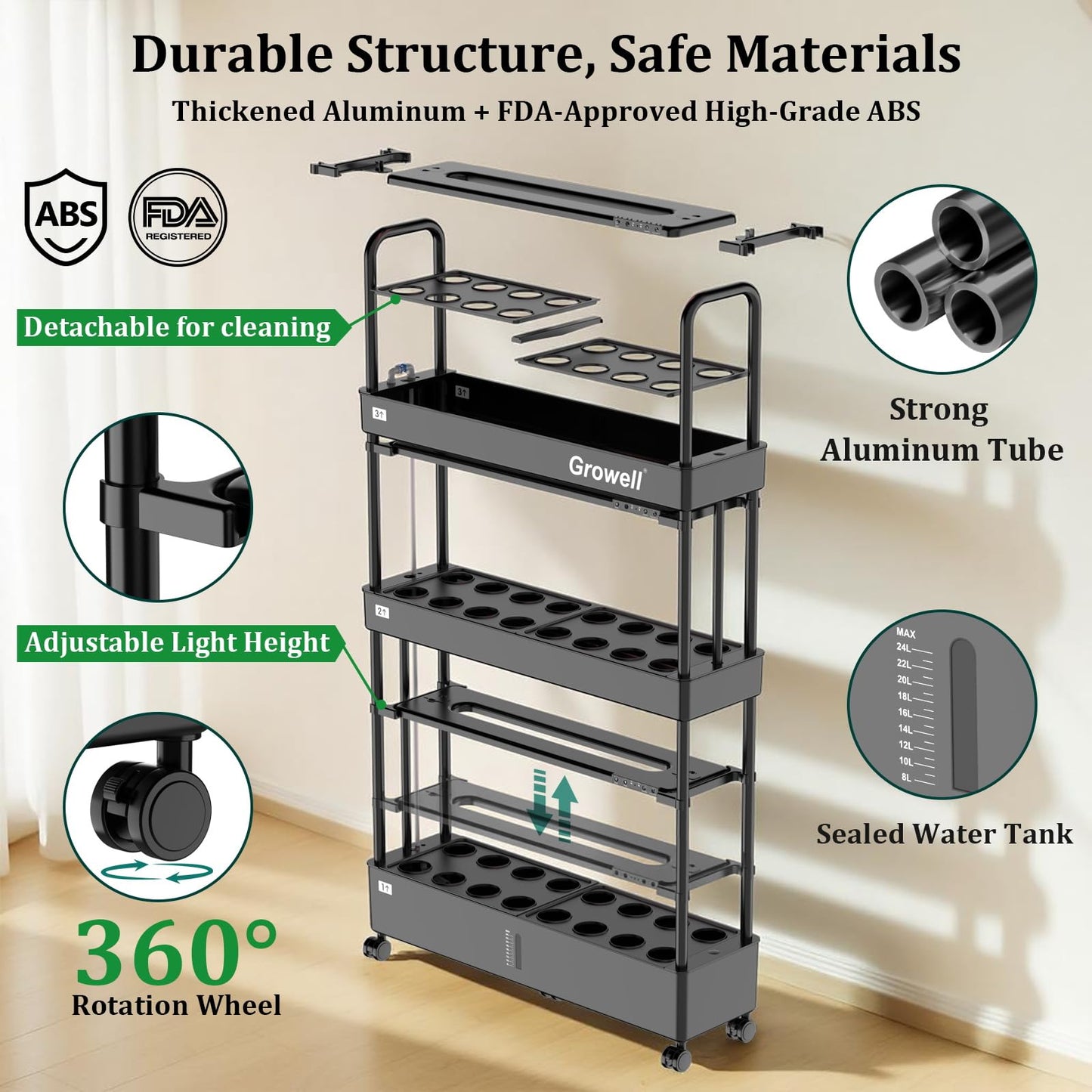 Large Hydroponics Growing System Kit, 48 Pods Vertical Hydroponic Garden, with 48 Large Buckets, 40L Indoor Garden System for Herb Vegetable Fruit, with 2 Light Modes, Auto Circulating Water System