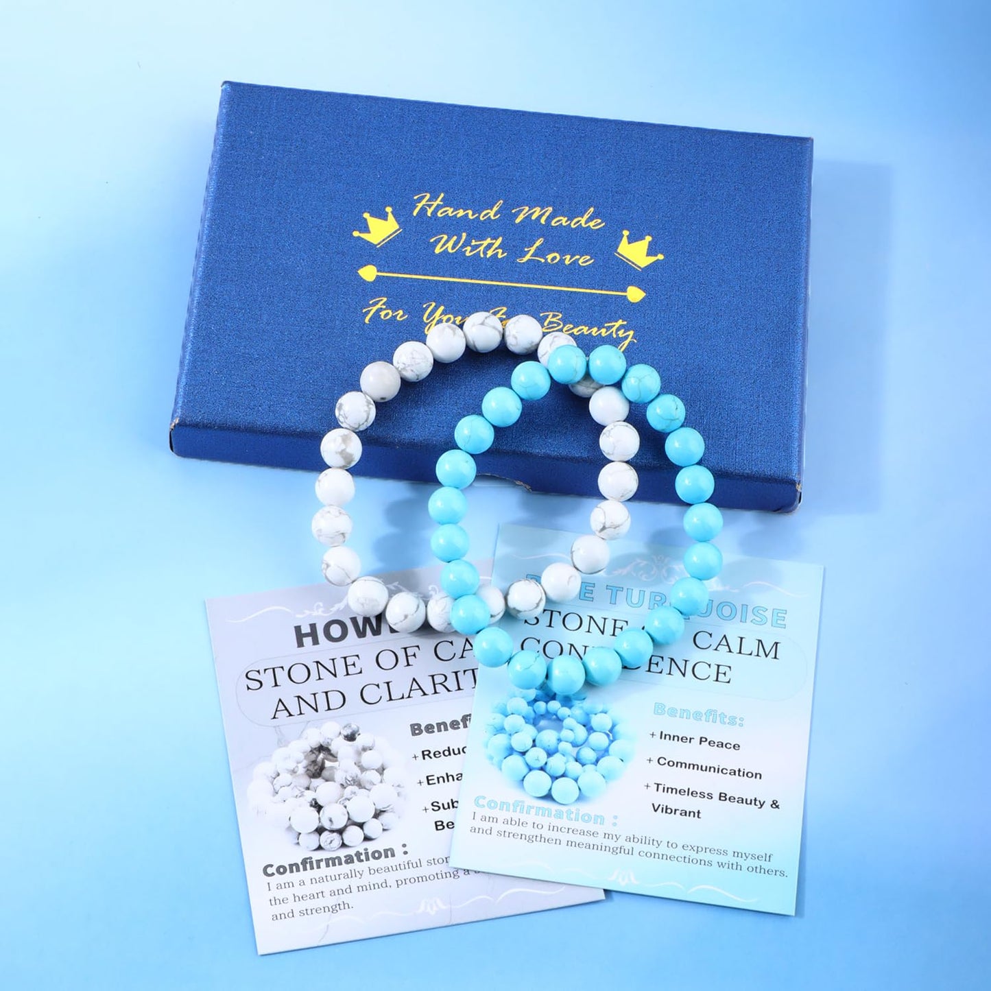 NCB 2-Piece 8mm Natural Crystal Gemstone Stretch Bracelets – ﻿Blue Turquoise, Howlite Handmade Reiki Energy Healing Jewelry for Meditation,Yoga, Unisex