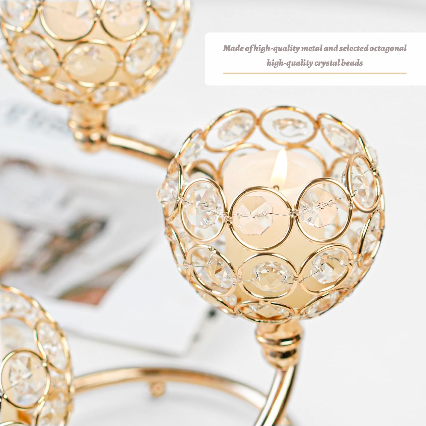 KEHAIL Gold Metal Crystal Candle Holder Set of 3 - Elegant 5-Arm Metal Tea Light Centerpiece with Shining Crystal Bowl, Wedding Anniversary Table Decor for Dining, Party