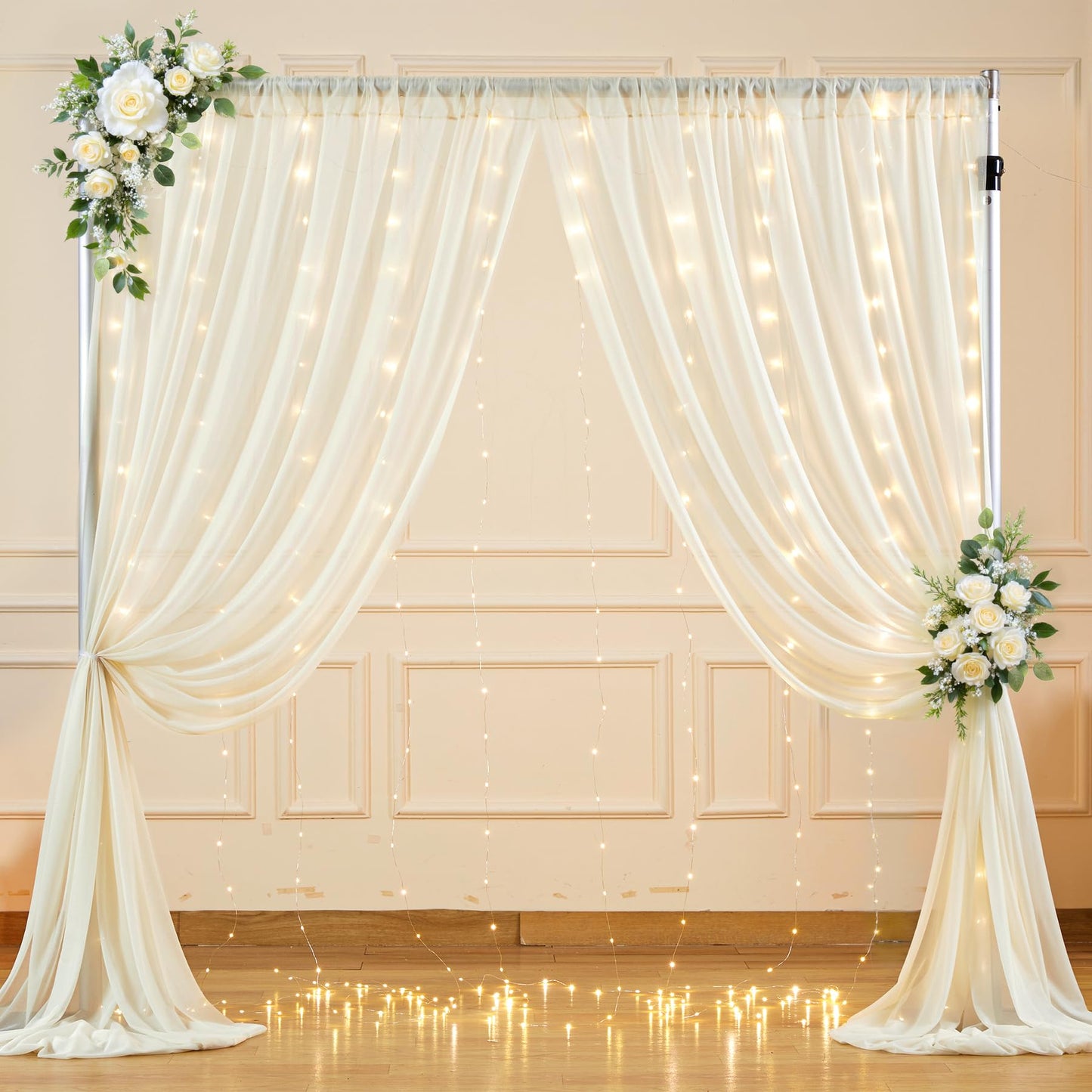 10x10ft Cream White Tulle Backdrop Curtains with Lights String for Parties,Wrinkle Free Sheer Curtain Wedding Photo Backdop Drapes for Baby Shower Birthday Party Photography Home Decorations